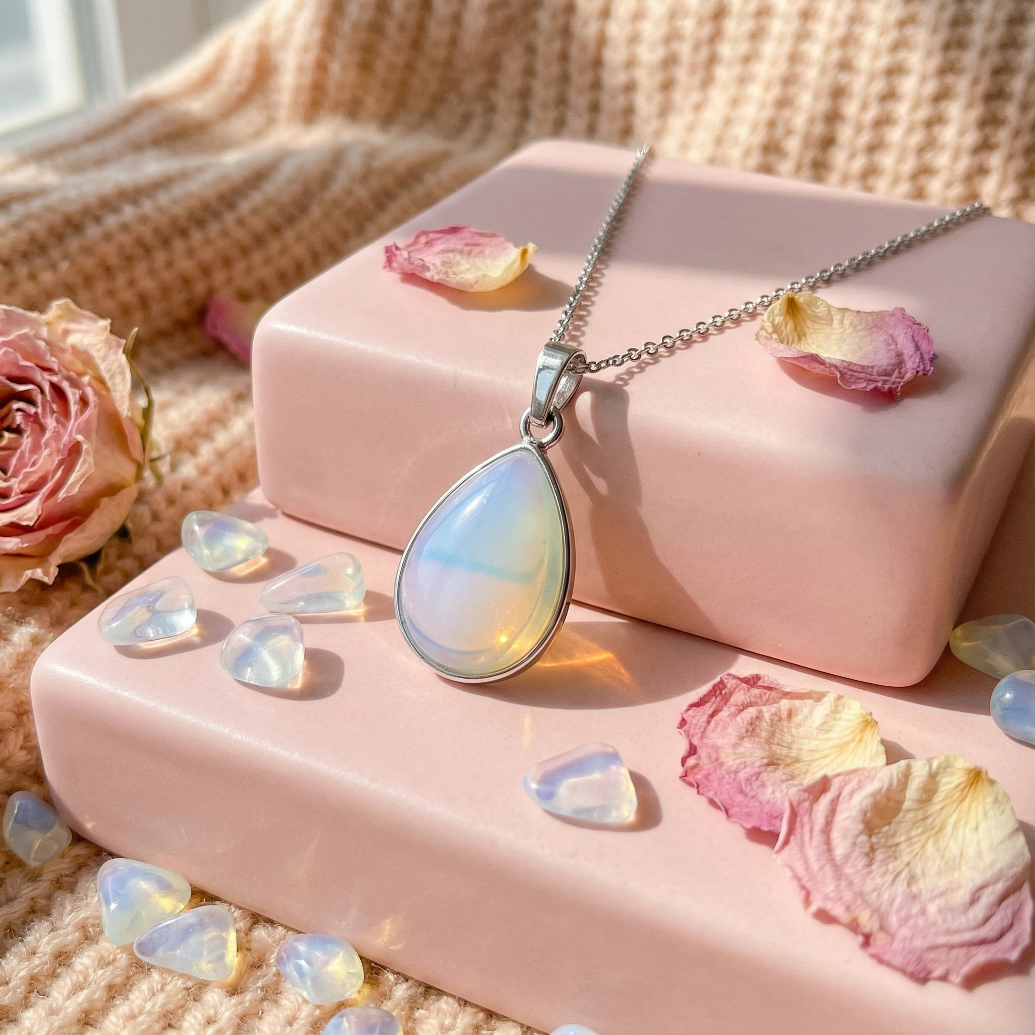 Opalite Teardrop Pendant with Silver Chain