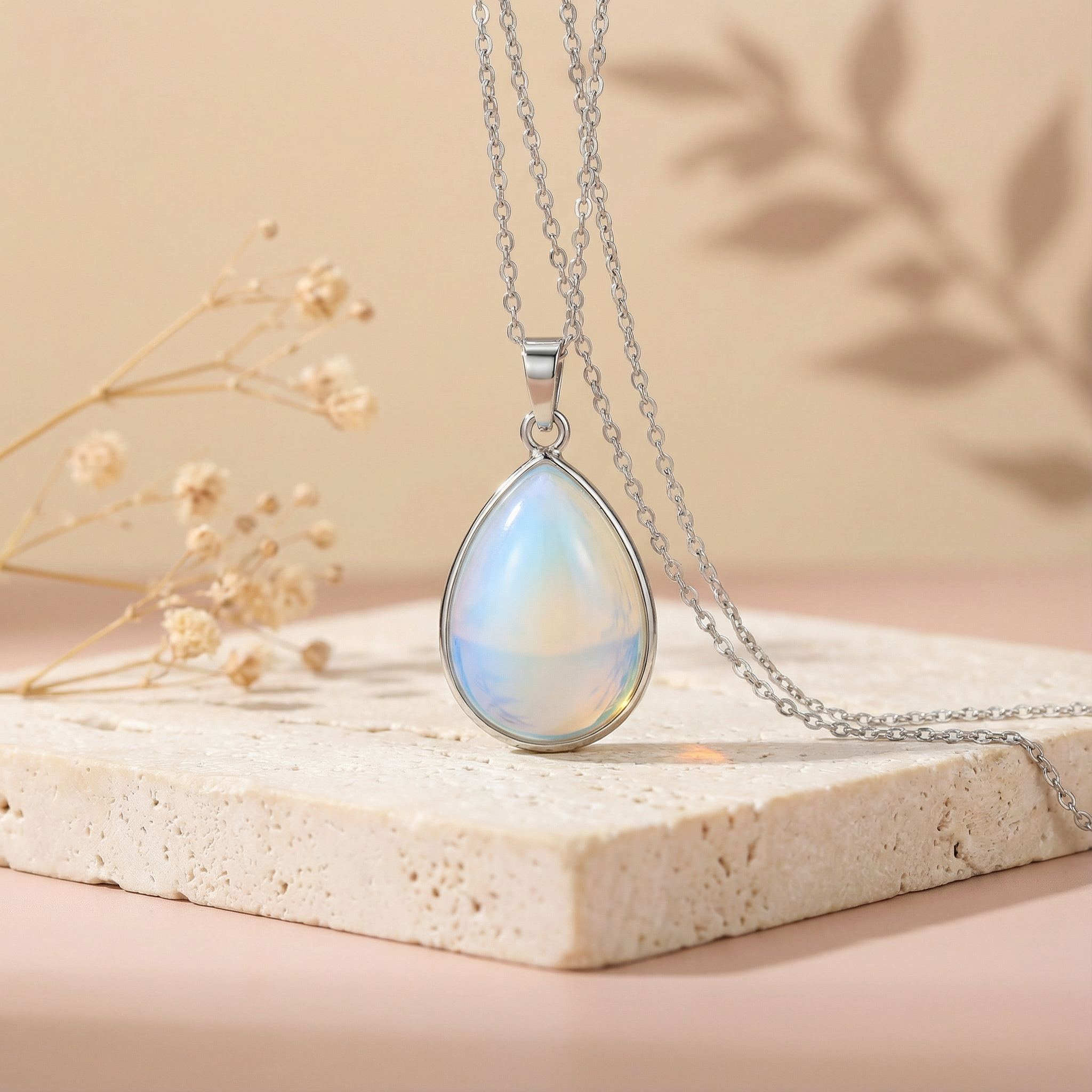 Opalite Teardrop Pendant with Silver Chain