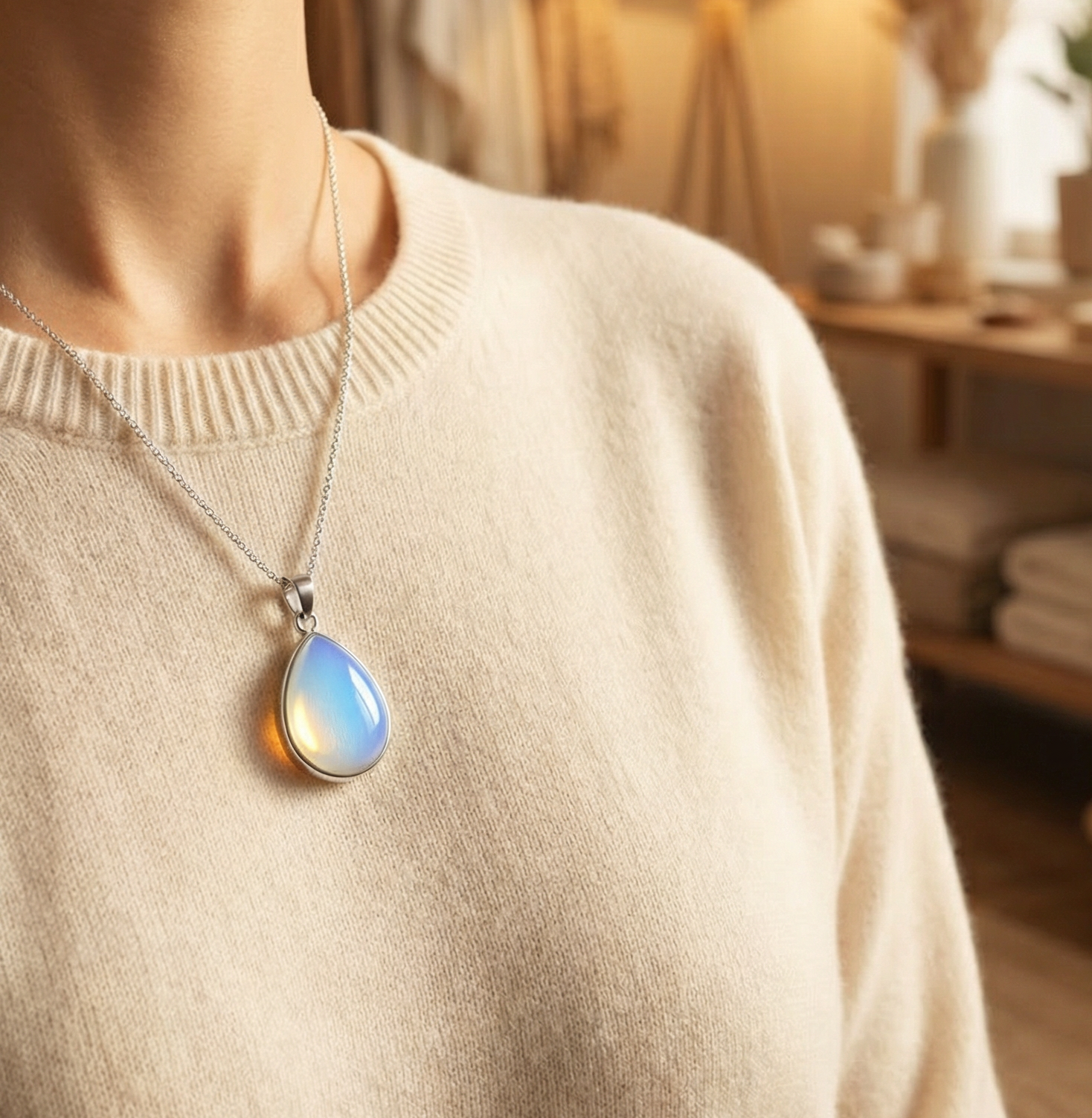 Opalite Teardrop Pendant with Silver Chain