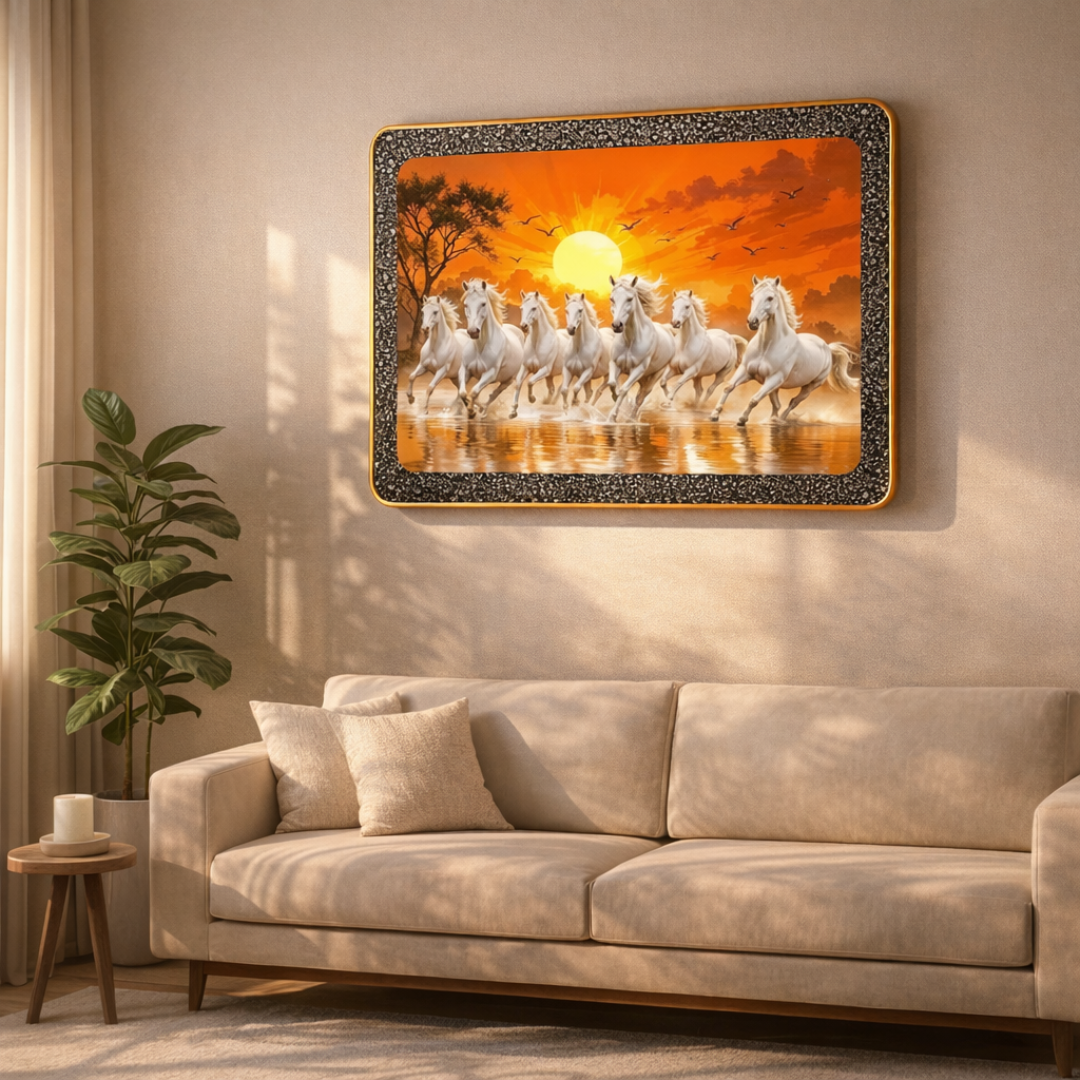 Seven Running Horses Pyrite Frame with Sun