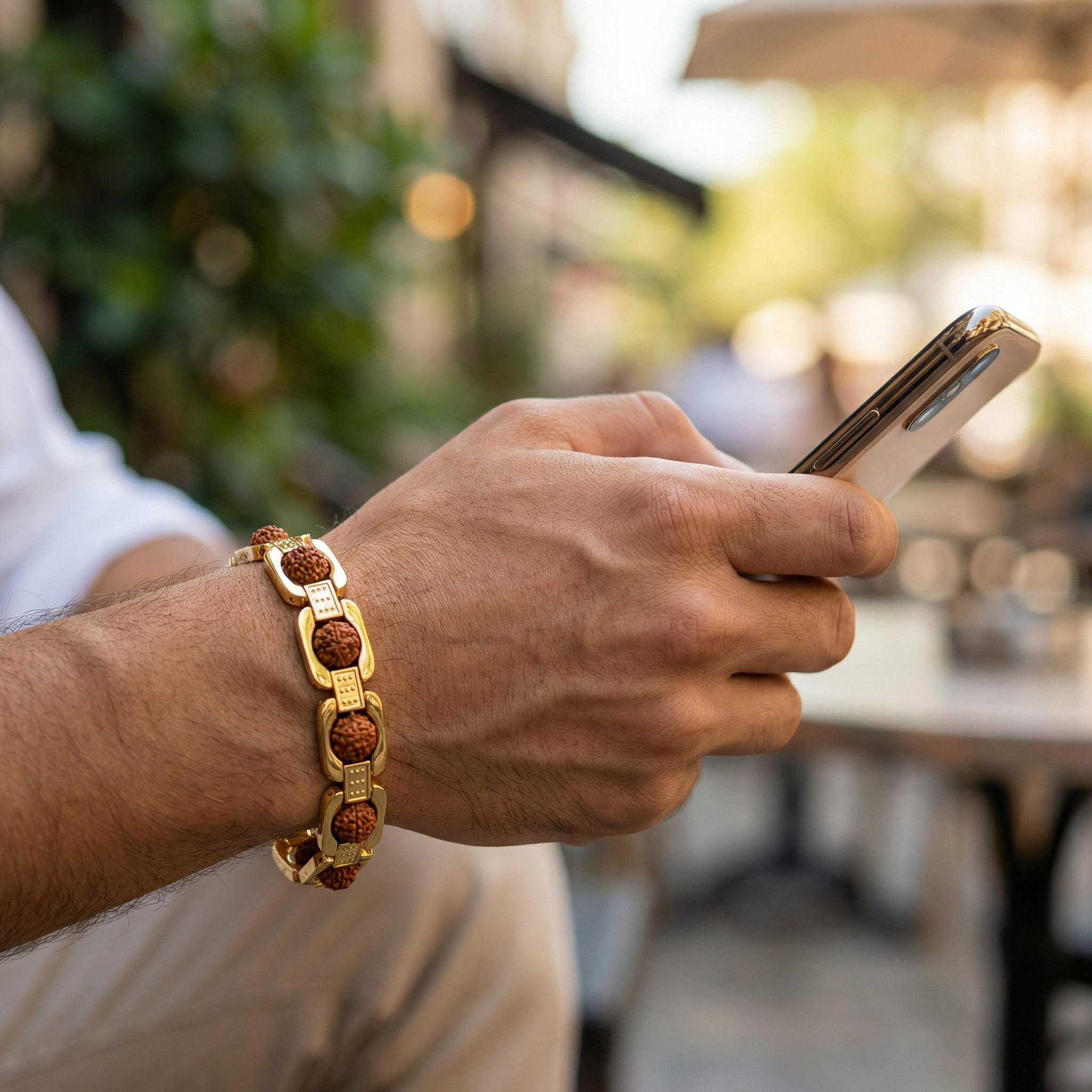 Panchmukhi Rudraksha Bracelet Wrist View – Men Wearing AllianceCrystals