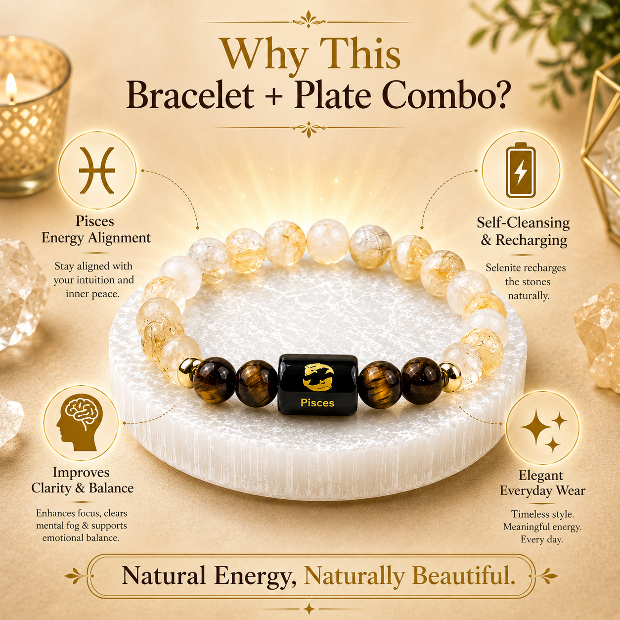 Pisces (मीन राशि) Citrine & Tiger Eye Crystal Zodiac Bracelet – For Abundance, Clarity & Grounded Confidence