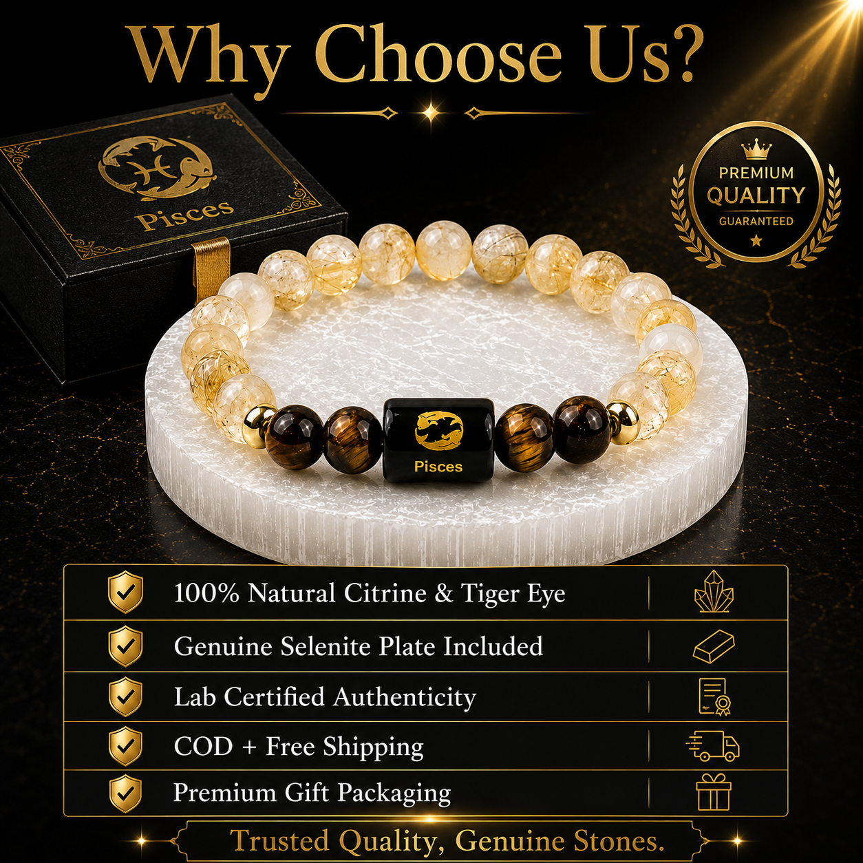 Pisces (मीन राशि) Citrine & Tiger Eye Crystal Zodiac Bracelet – For Abundance, Clarity & Grounded Confidence