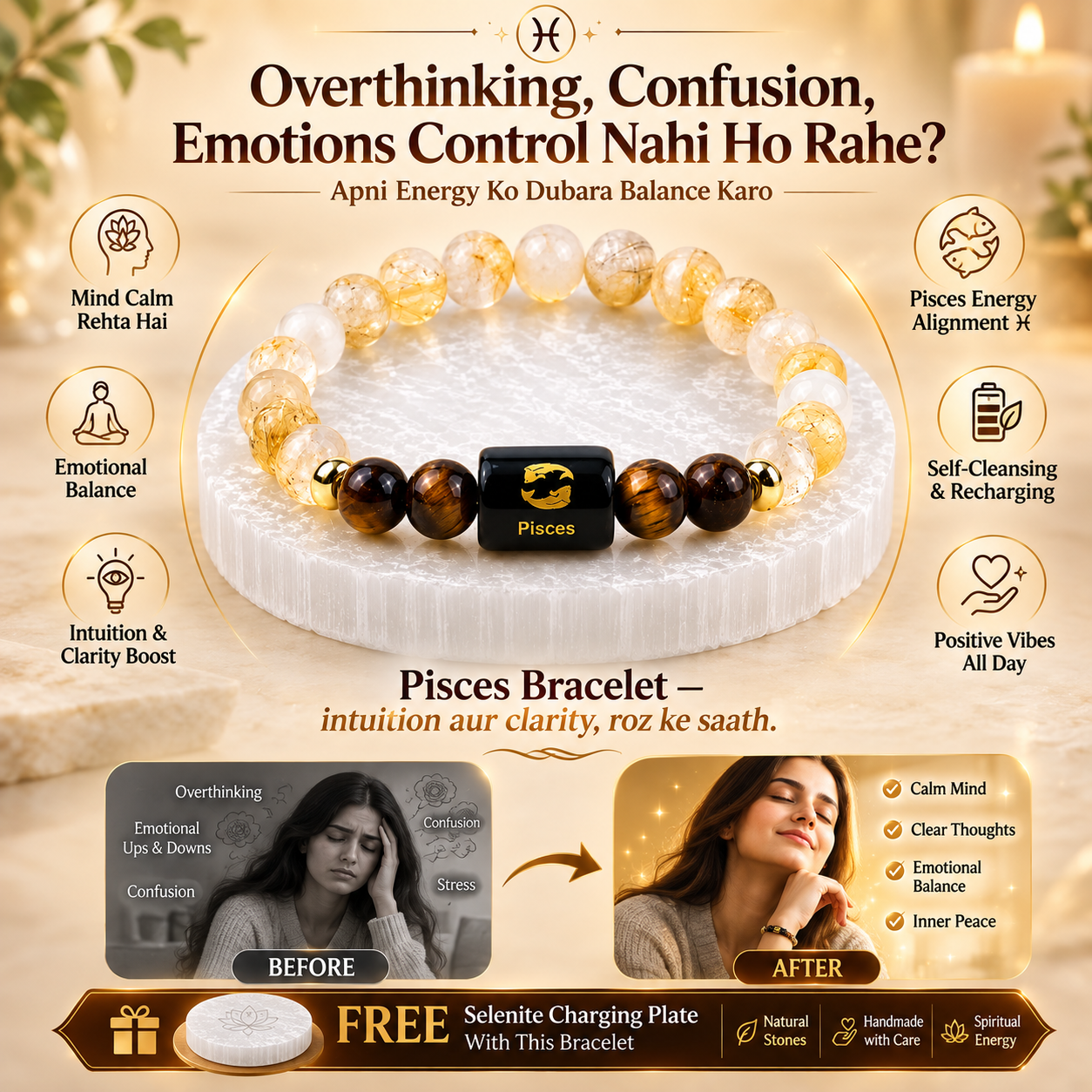 Pisces (मीन राशि) Citrine & Tiger Eye Crystal Zodiac Bracelet – For Abundance, Clarity & Grounded Confidence