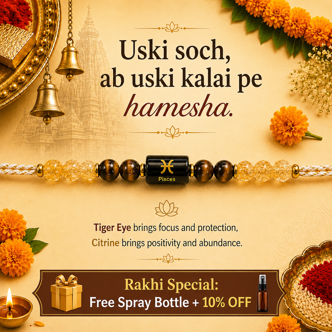 PISCES (मीन) – Zodiac Rakhi Citrine & Tiger Eye