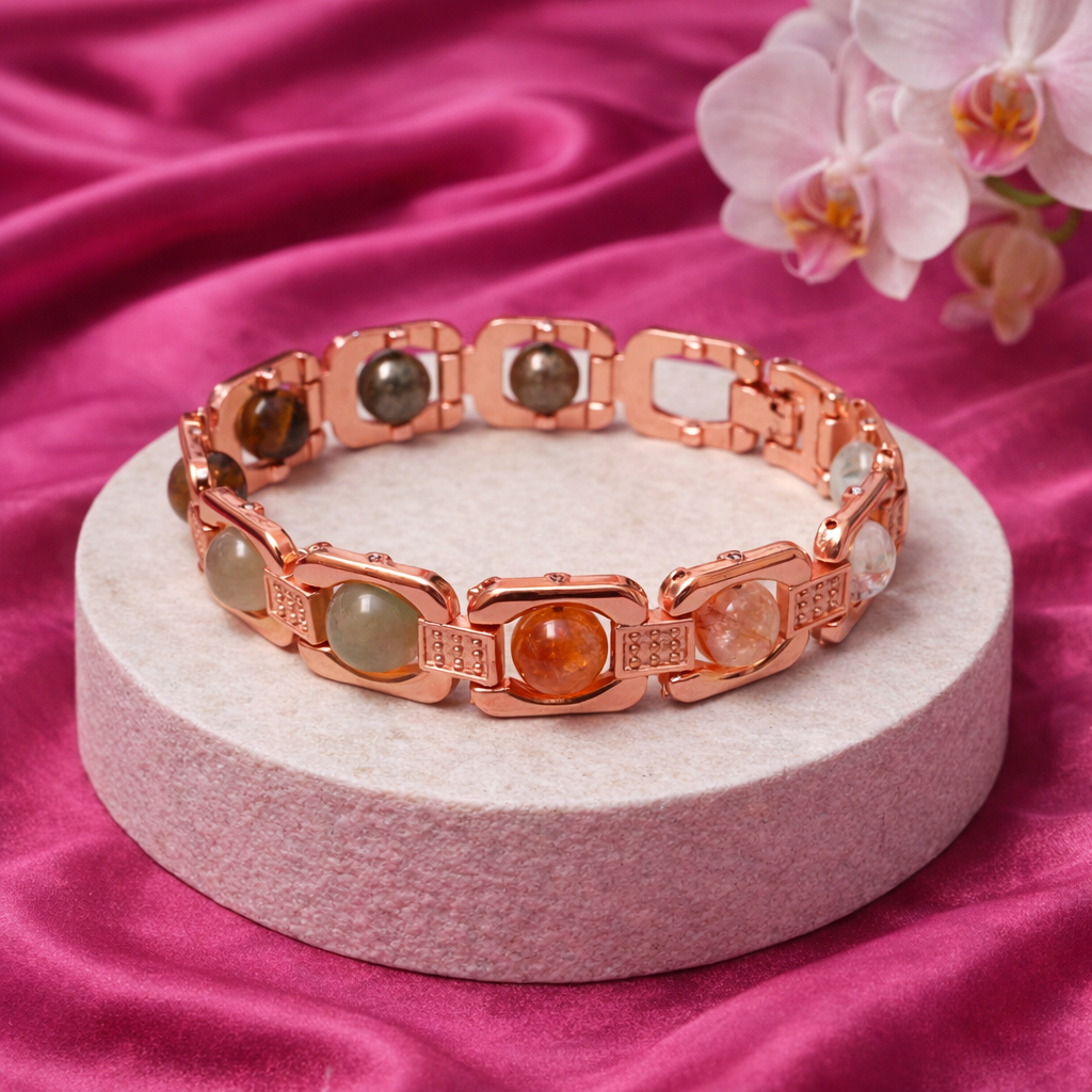 Rose Gold Plated Dhan Yog Bracelet | Original Citrine, Pyrite, Tiger Eye & Aventurine Crystal
