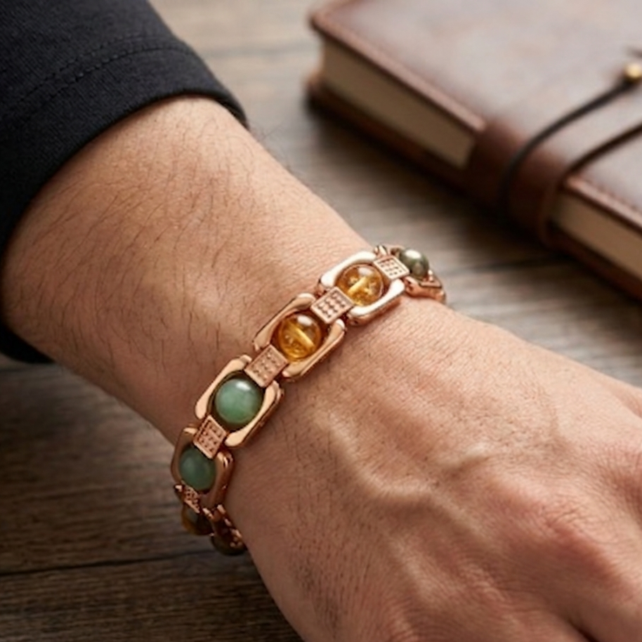 Rose Gold Plated Dhan Yog Bracelet | Original Citrine, Pyrite, Tiger Eye & Aventurine Crystal