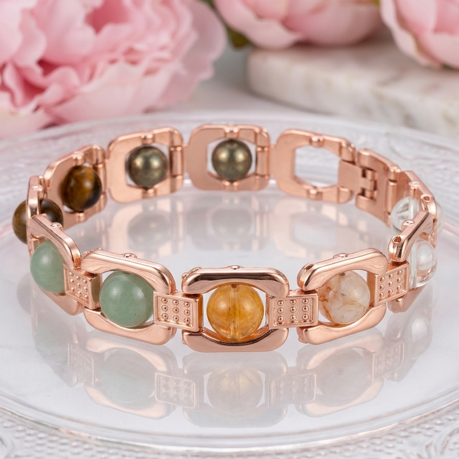 Rose Gold Plated Dhan Yog Bracelet | Original Citrine, Pyrite, Tiger Eye & Aventurine Crystal