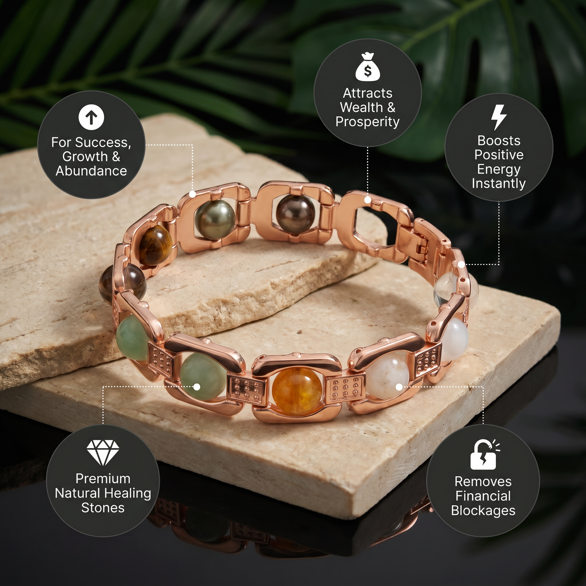 Rose Gold Plated Dhan Yog Bracelet | Original Citrine, Pyrite, Tiger Eye & Aventurine Crystal