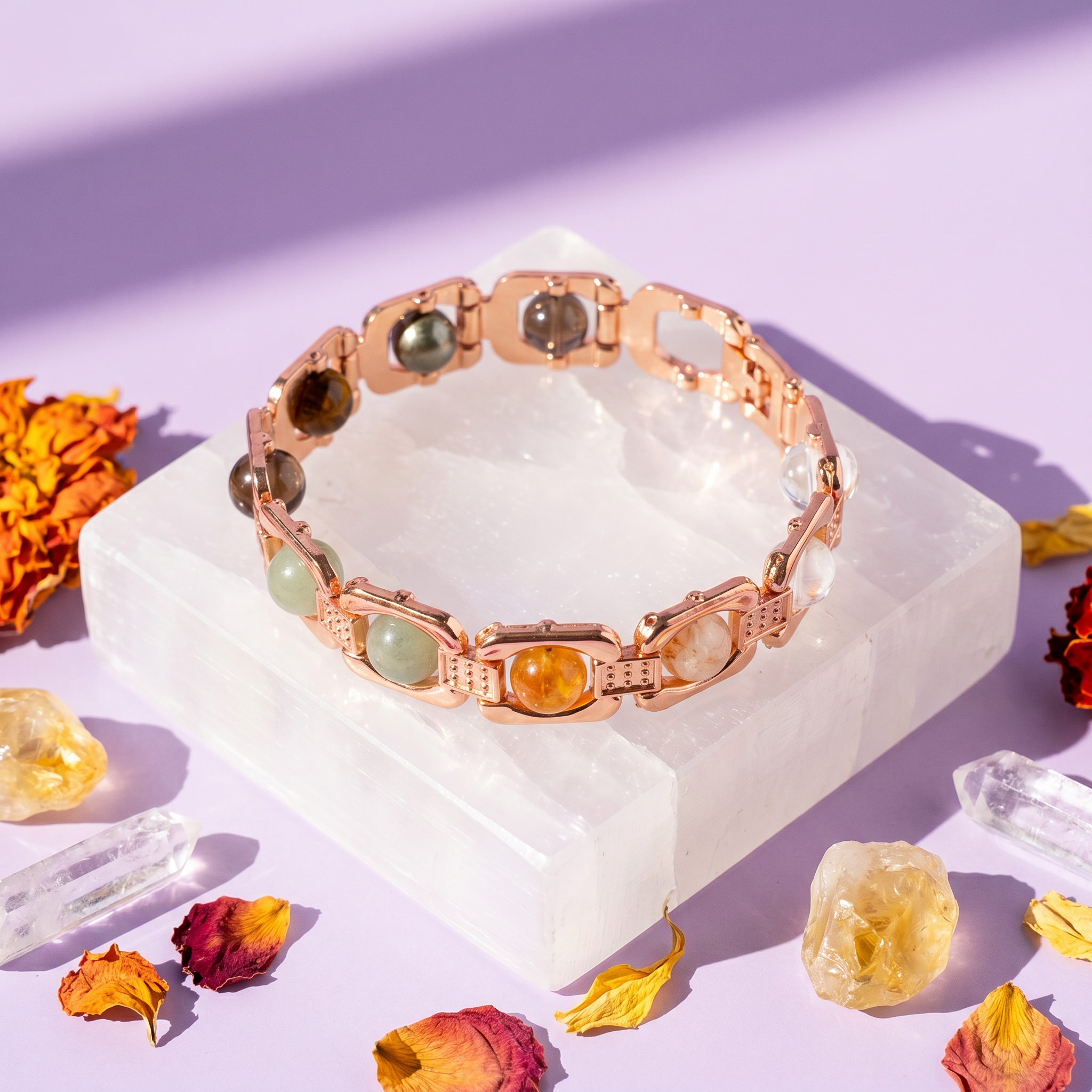 Rose Gold Plated Dhan Yog Bracelet | Original Citrine, Pyrite, Tiger Eye & Aventurine Crystal