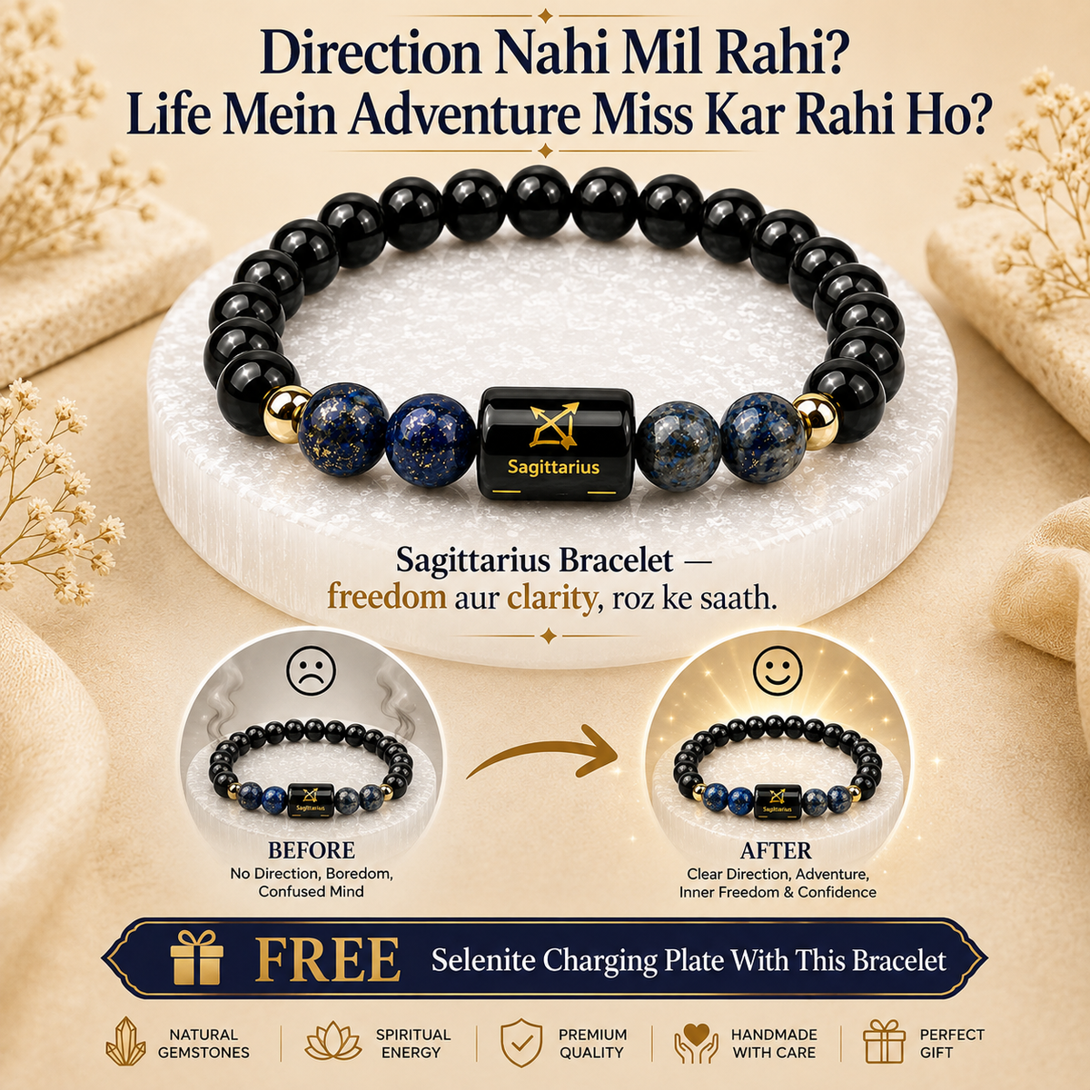 Sagittarius (धनु राशि) Black Obsidian & Lapis Lazuli Crystal Zodiac Bracelet – For Truth, Protection & Expansive Wisdom