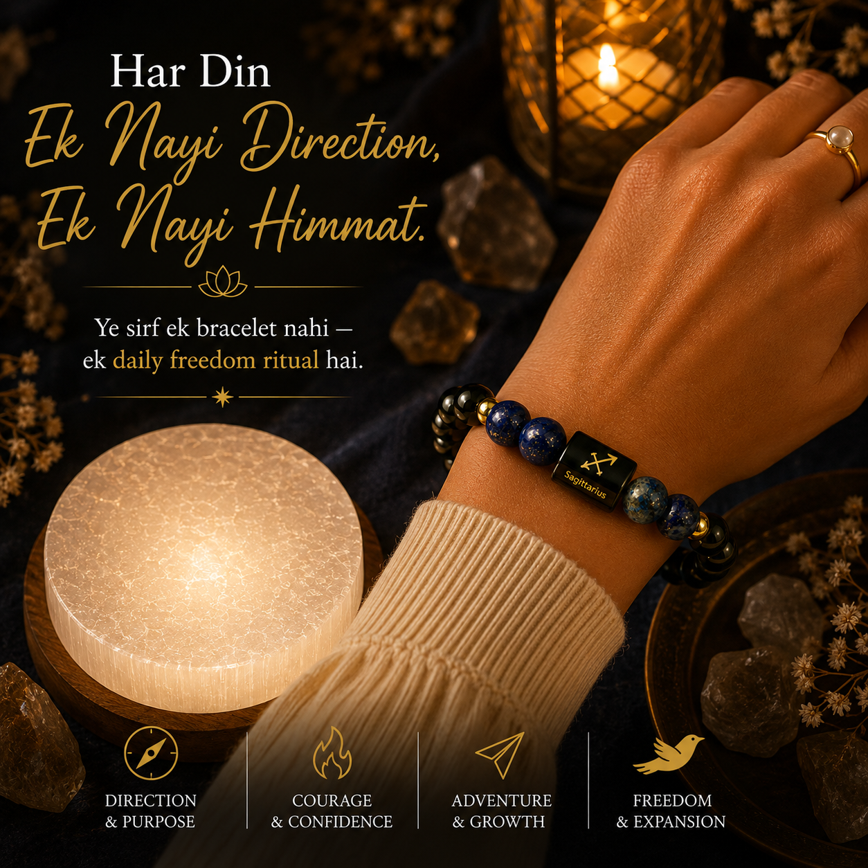 Sagittarius (धनु राशि) Black Obsidian & Lapis Lazuli Crystal Zodiac Bracelet – For Truth, Protection & Expansive Wisdom