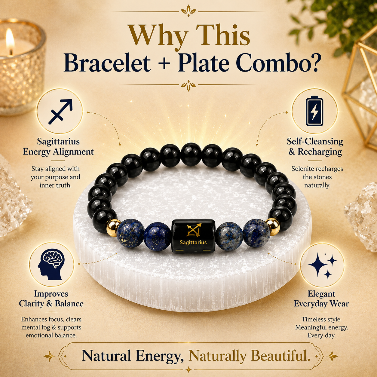 Sagittarius (धनु राशि) Black Obsidian & Lapis Lazuli Crystal Zodiac Bracelet – For Truth, Protection & Expansive Wisdom