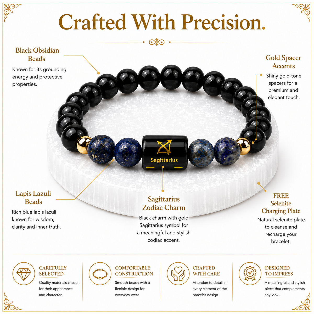 Sagittarius (धनु राशि) Black Obsidian & Lapis Lazuli Crystal Zodiac Bracelet – For Truth, Protection & Expansive Wisdom