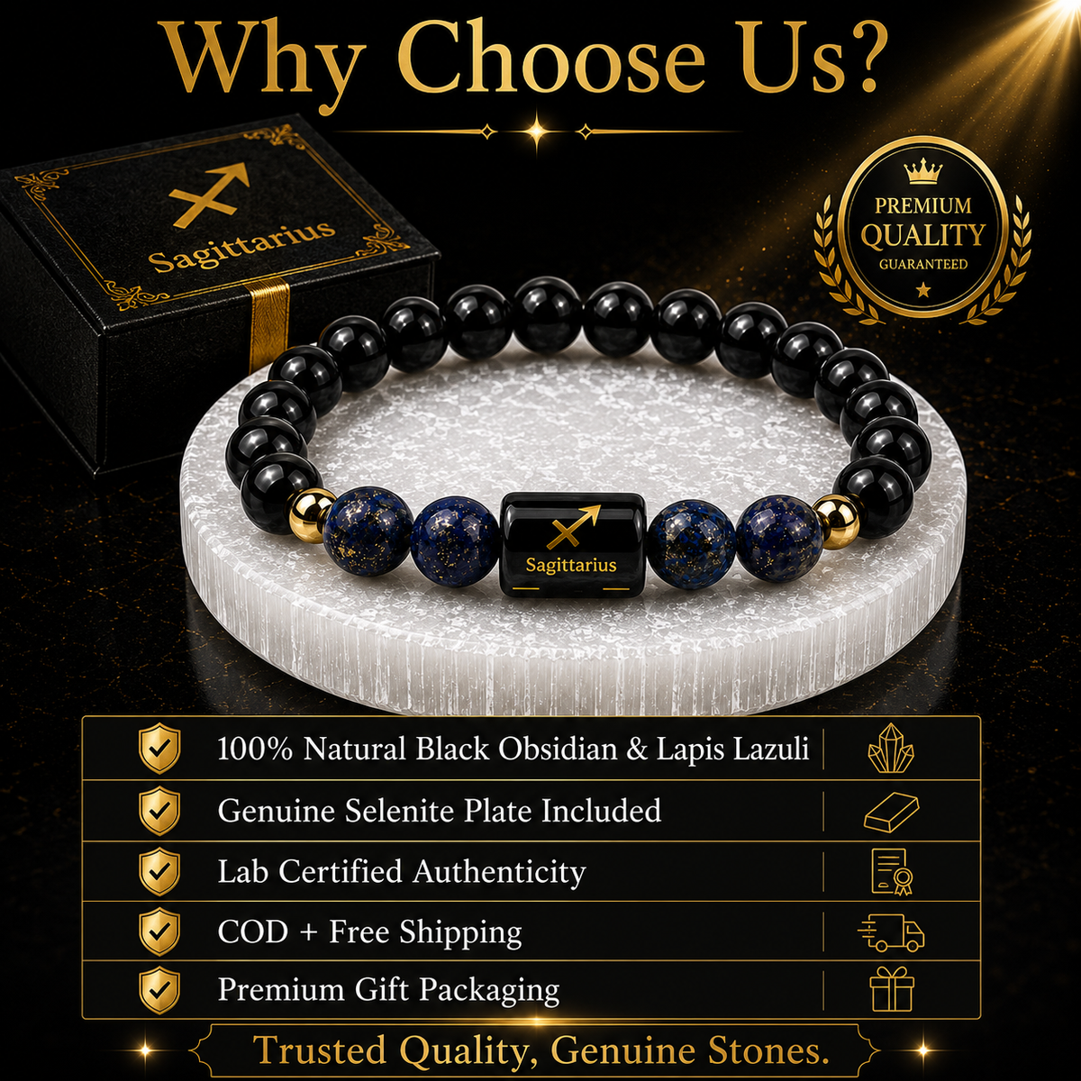 Sagittarius (धनु राशि) Black Obsidian & Lapis Lazuli Crystal Zodiac Bracelet – For Truth, Protection & Expansive Wisdom