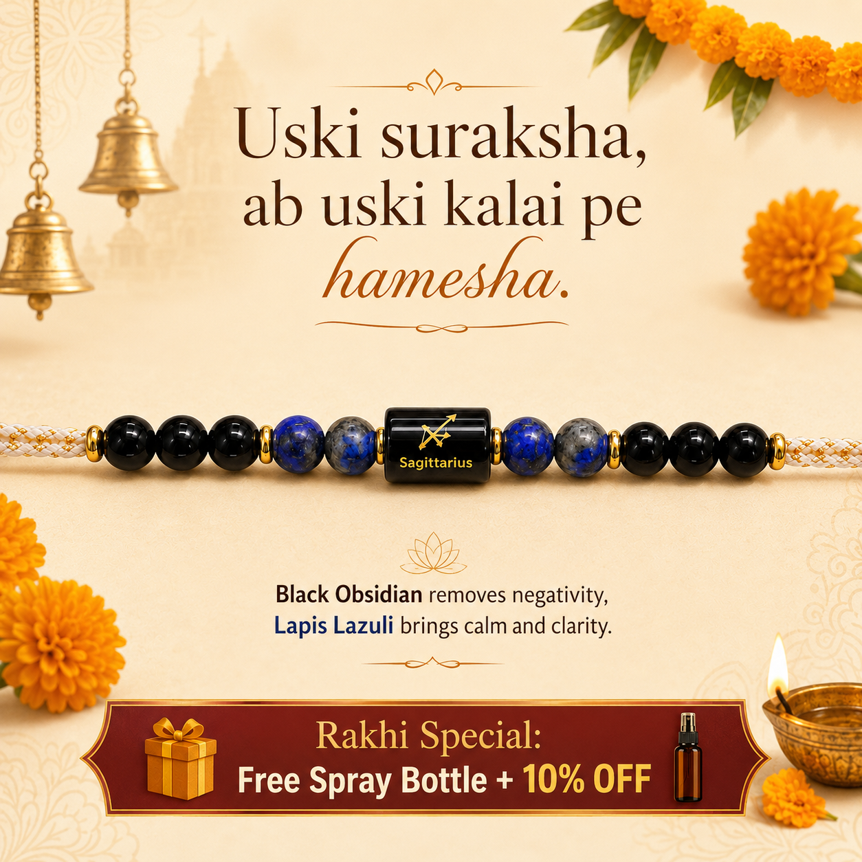 SAGITTARIUS (धनु) – Zodiac Rakhi Black Obsidian & Lapis Lazuli
