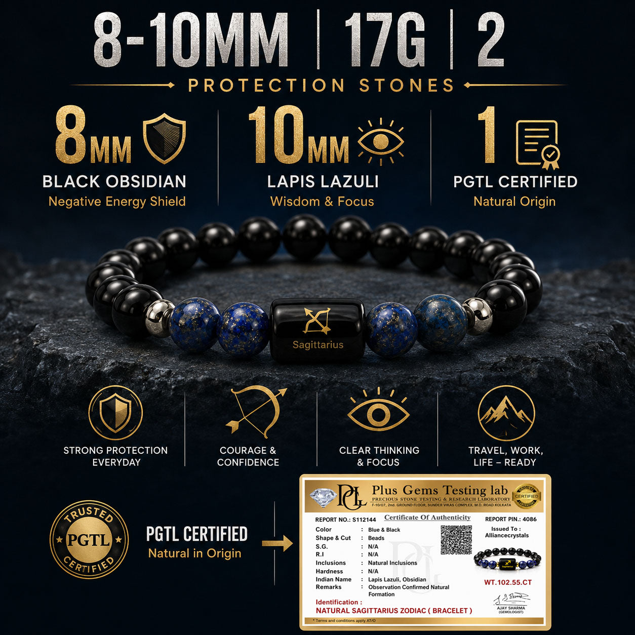 SAGITTARIUS (धनु) – Black Obsidian & Lapis Lazuli Bracelet