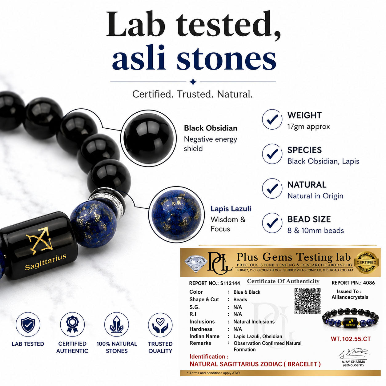 SAGITTARIUS (धनु) – Black Obsidian & Lapis Lazuli Bracelet