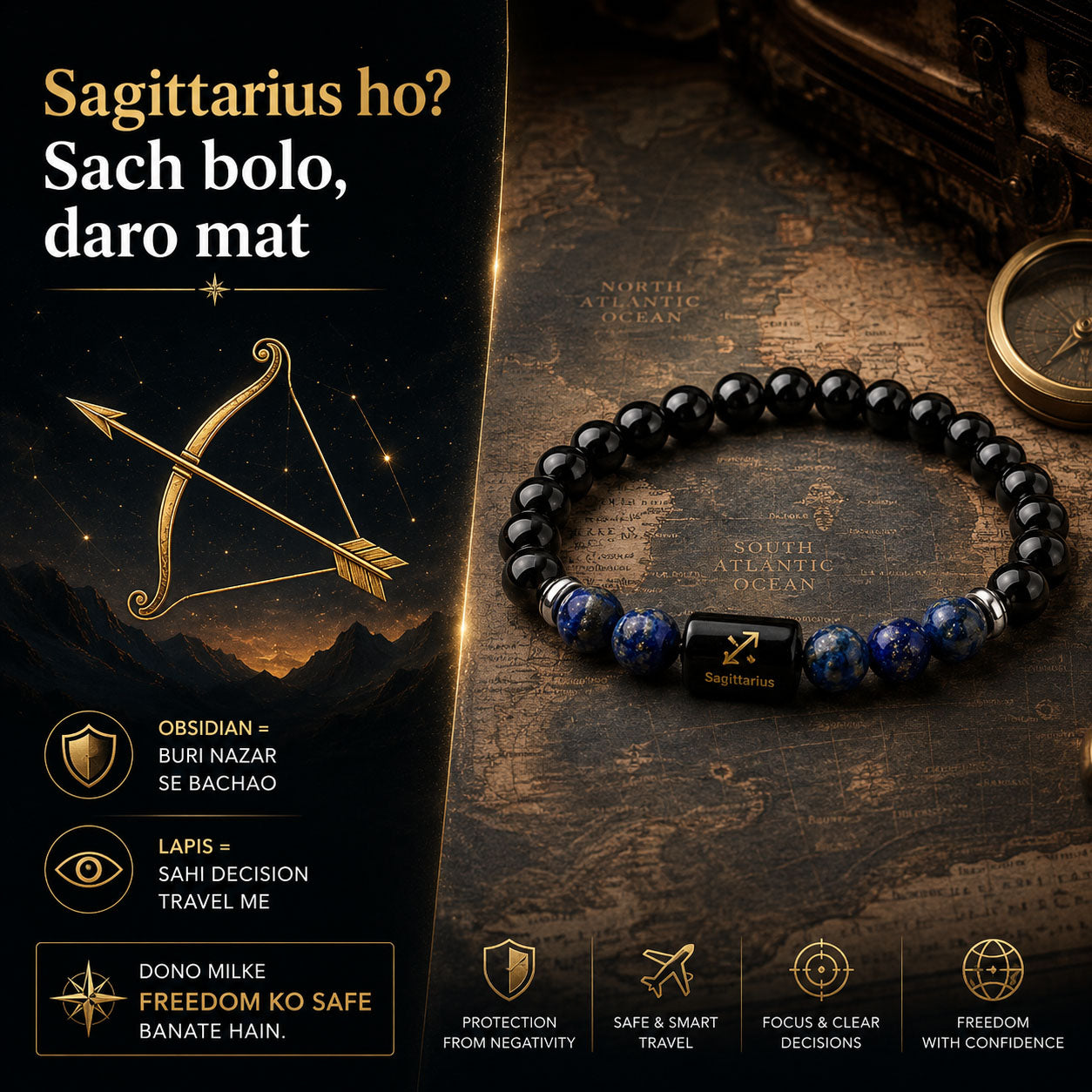 SAGITTARIUS (धनु) – Black Obsidian & Lapis Lazuli Bracelet