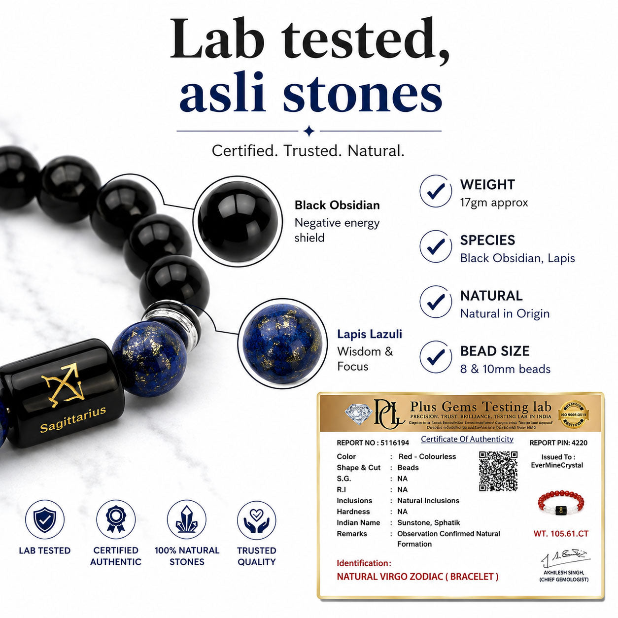 SAGITTARIUS (धनु) – Black Obsidian & Lapis Lazuli Bracelet