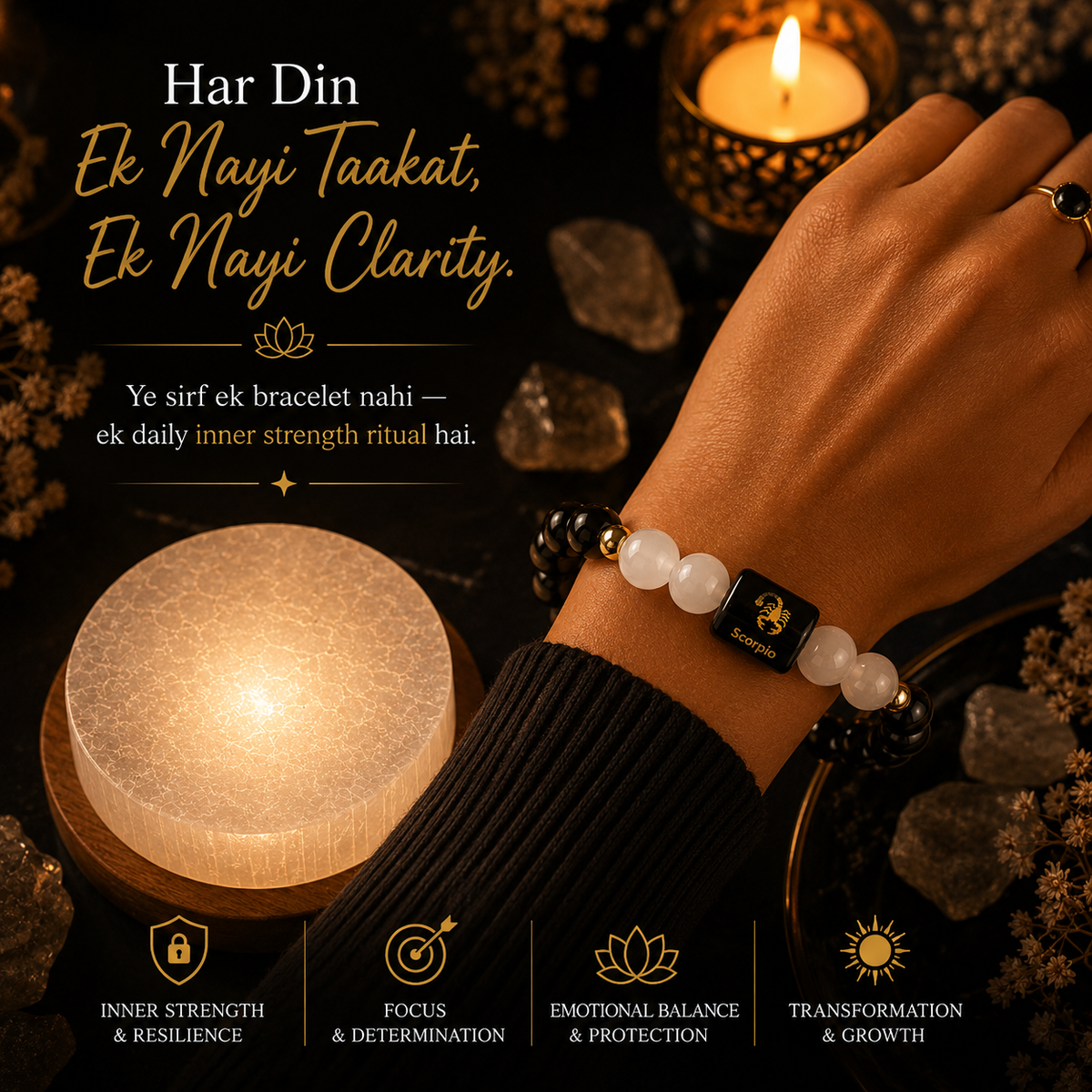 Scorpio (वृश्चिक राशि) Black Obsidian & Milky Quartz Crystal Zodiac Bracelet – For Deep Protection & Emotional Clarity