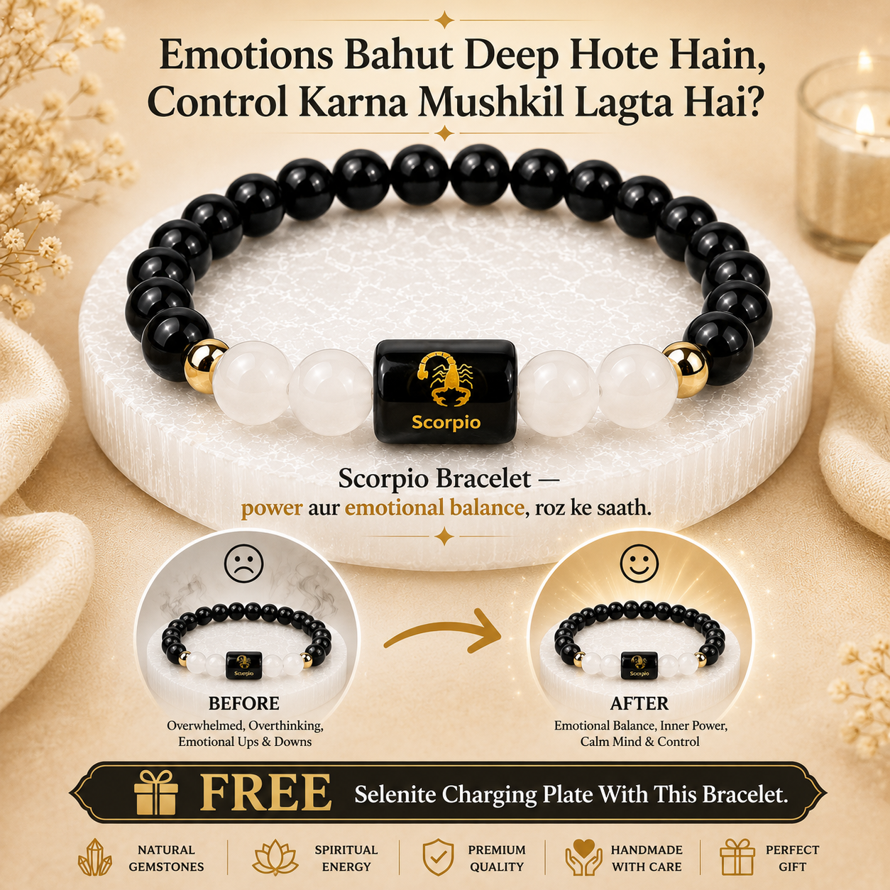 Scorpio (वृश्चिक राशि) Black Obsidian & Milky Quartz Crystal Zodiac Bracelet – For Deep Protection & Emotional Clarity