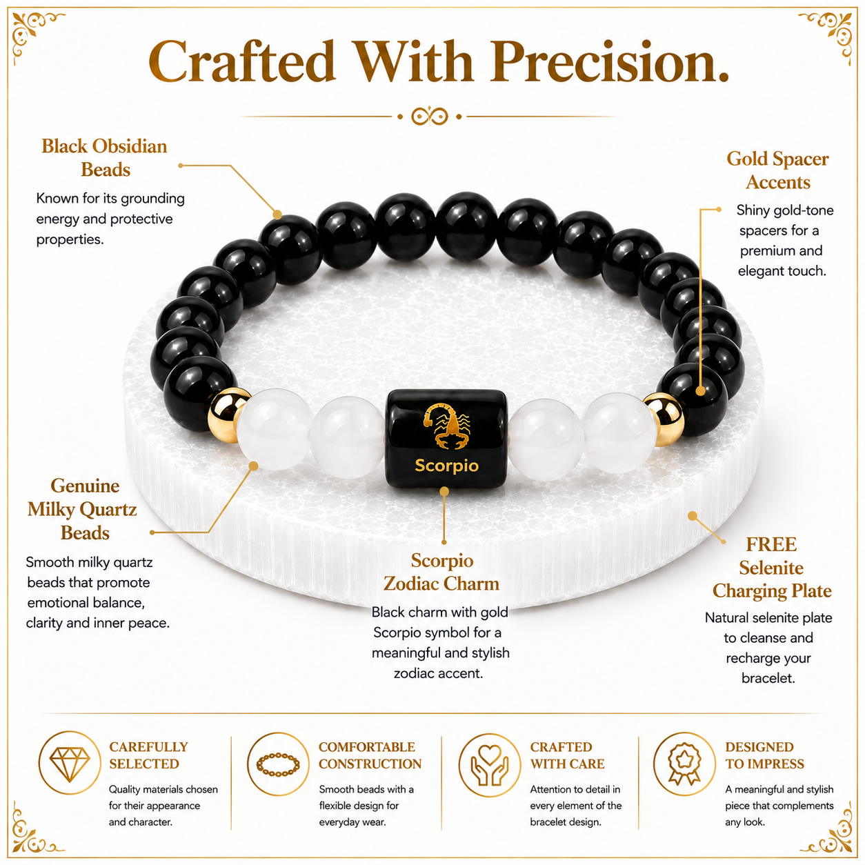 Scorpio (वृश्चिक राशि) Black Obsidian & Milky Quartz Crystal Zodiac Bracelet – For Deep Protection & Emotional Clarity