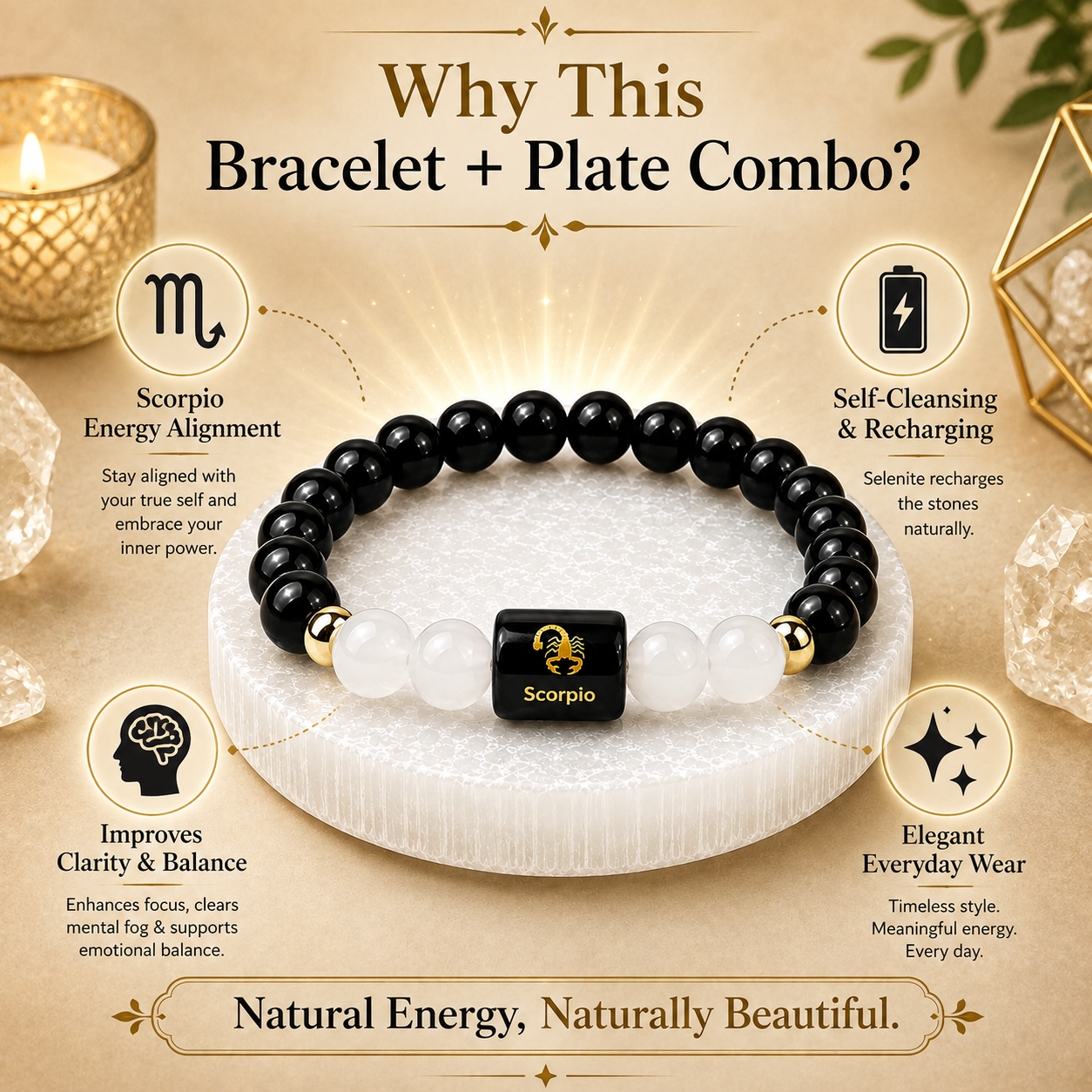 Scorpio (वृश्चिक राशि) Black Obsidian & Milky Quartz Crystal Zodiac Bracelet – For Deep Protection & Emotional Clarity