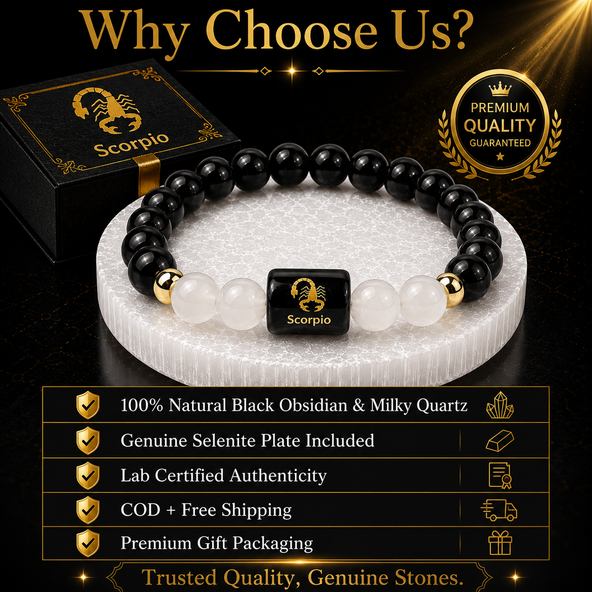 Scorpio (वृश्चिक राशि) Black Obsidian & Milky Quartz Crystal Zodiac Bracelet – For Deep Protection & Emotional Clarity