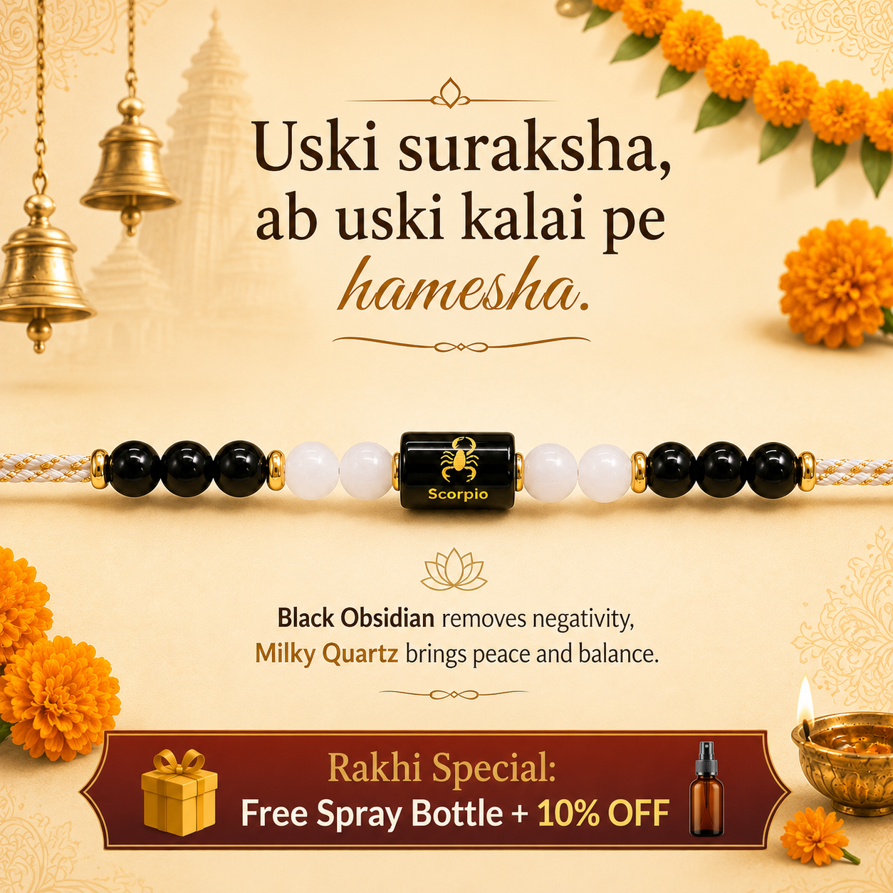 SCORPIO (वृश्चिक) – Zodiac Rakhi Black Obsidian & Milky Quartz