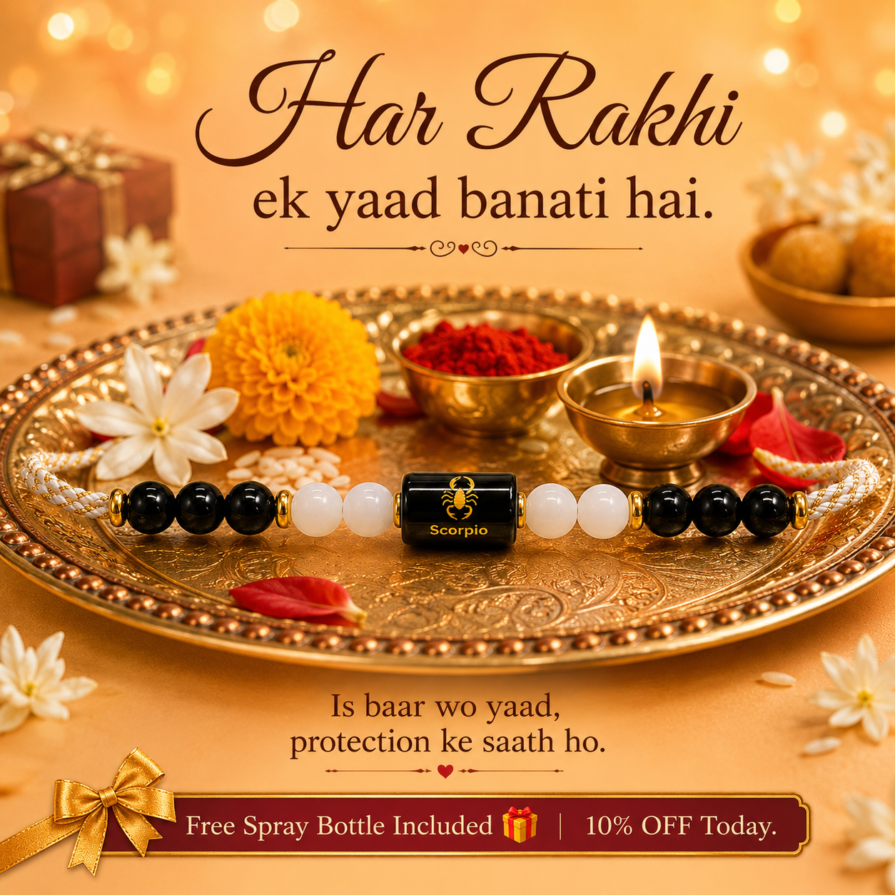 SCORPIO (वृश्चिक) – Zodiac Rakhi Black Obsidian & Milky Quartz