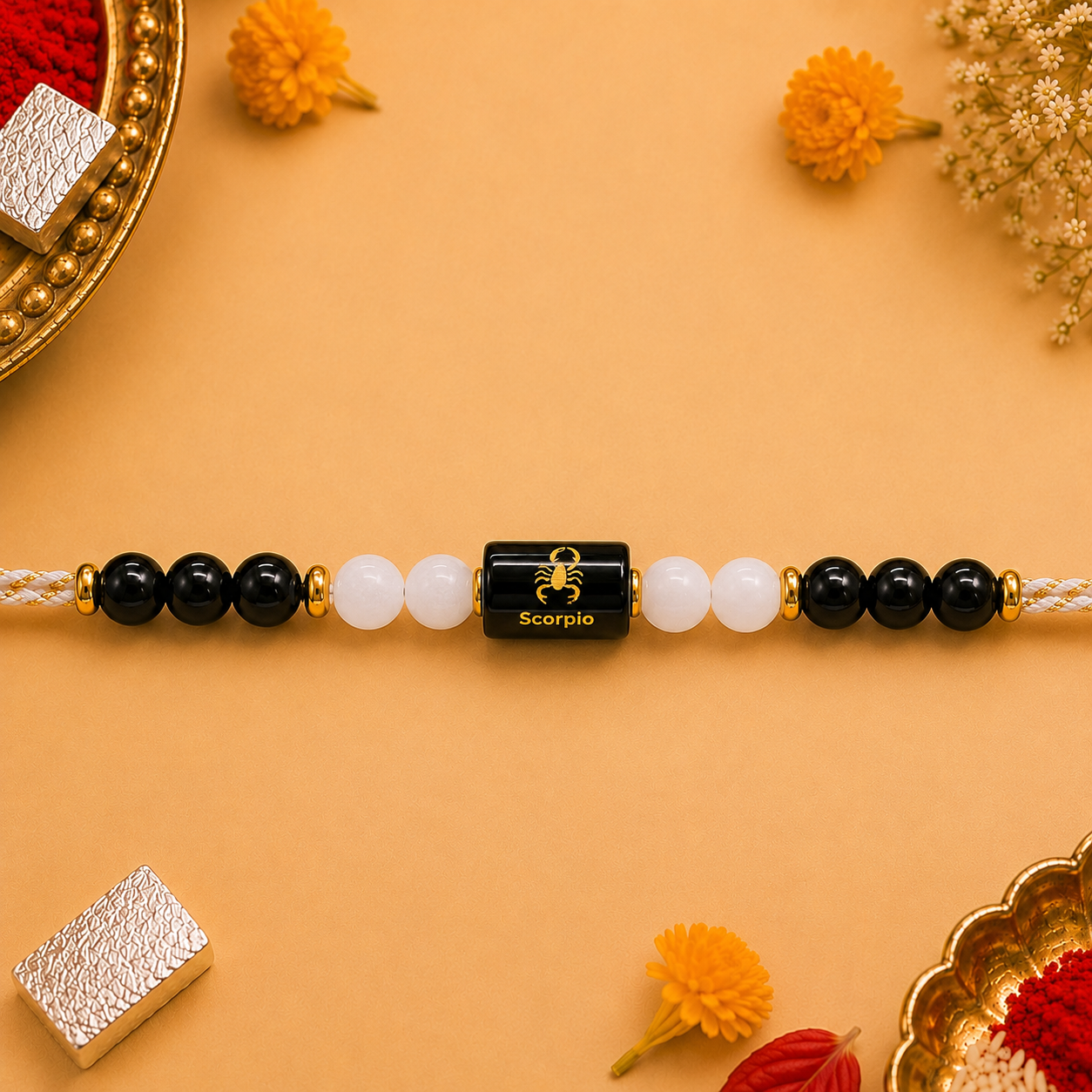 SCORPIO (वृश्चिक) – Zodiac Rakhi Black Obsidian & Milky Quartz