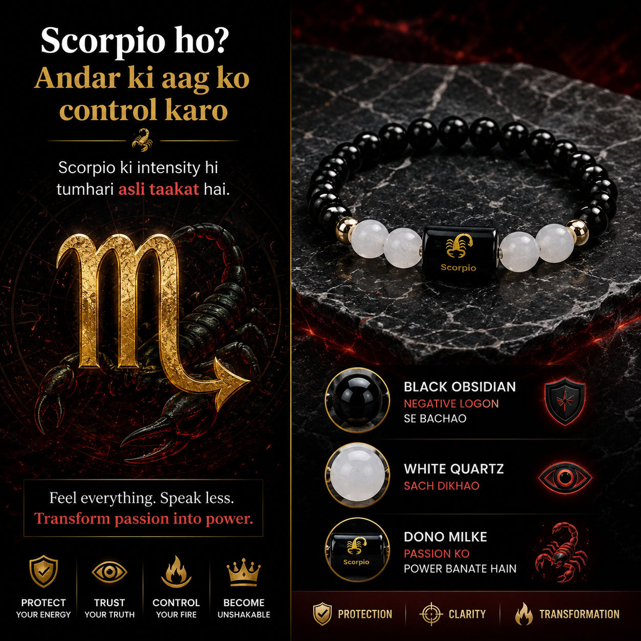 SCORPIO (वृश्चिक) – Black Obsidian & Milky Quartz Bracelet