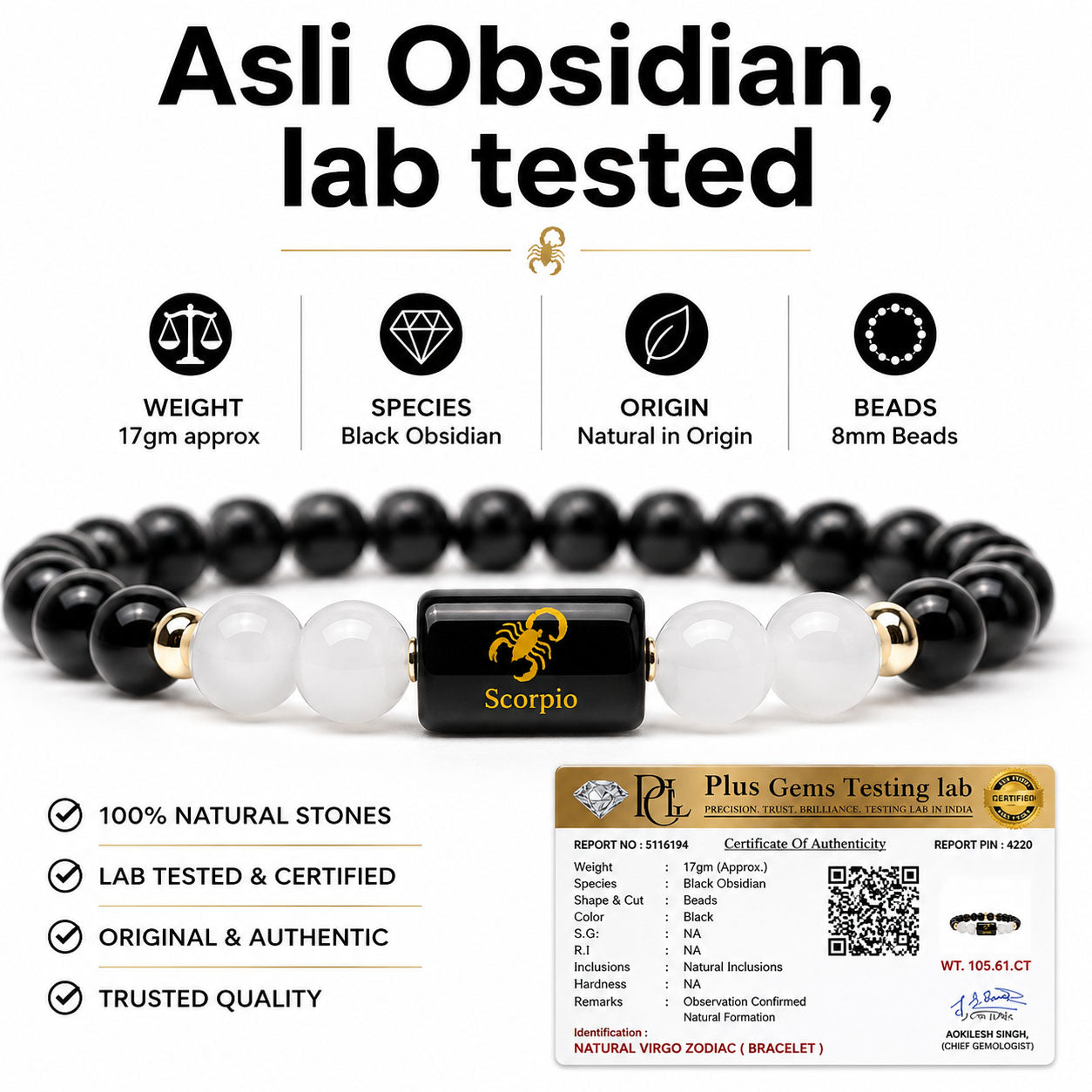 SCORPIO (वृश्चिक) – Black Obsidian & Milky Quartz Bracelet