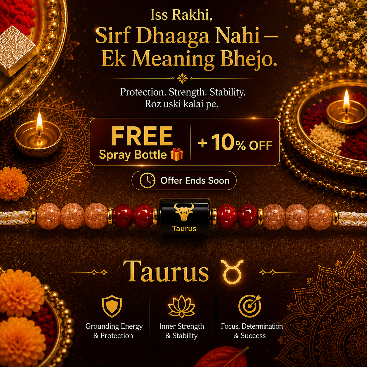 TAURUS (वृषभ) – Zodiac Rakhi Sunstone & Carnelian