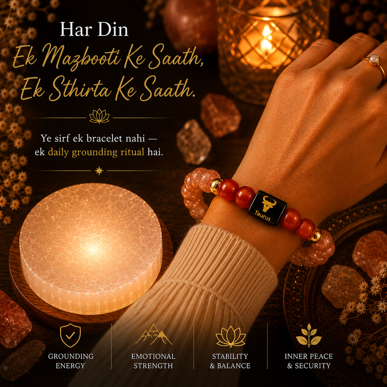 Taurus (वृषभ राशि) Sun Stone & Carnelian Crystal Zodiac Bracelet – For Warmth, Willpower & Grounded Confidence