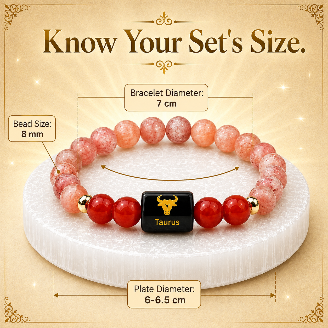 Taurus (वृषभ राशि) Sun Stone & Carnelian Crystal Zodiac Bracelet – For Warmth, Willpower & Grounded Confidence