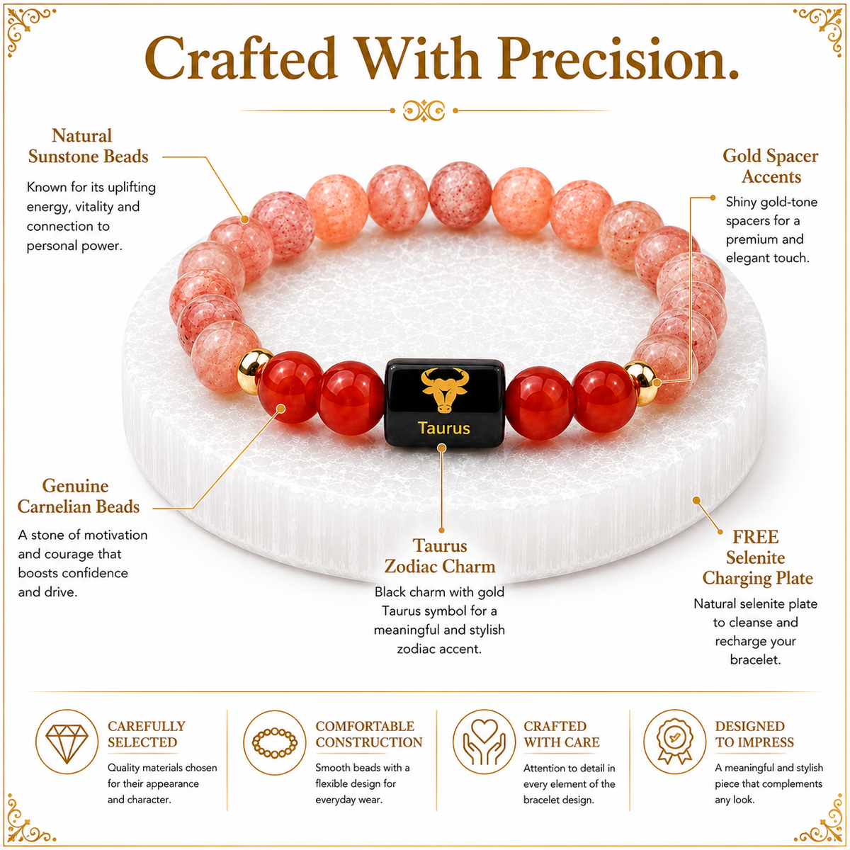 Taurus (वृषभ राशि) Sun Stone & Carnelian Crystal Zodiac Bracelet – For Warmth, Willpower & Grounded Confidence