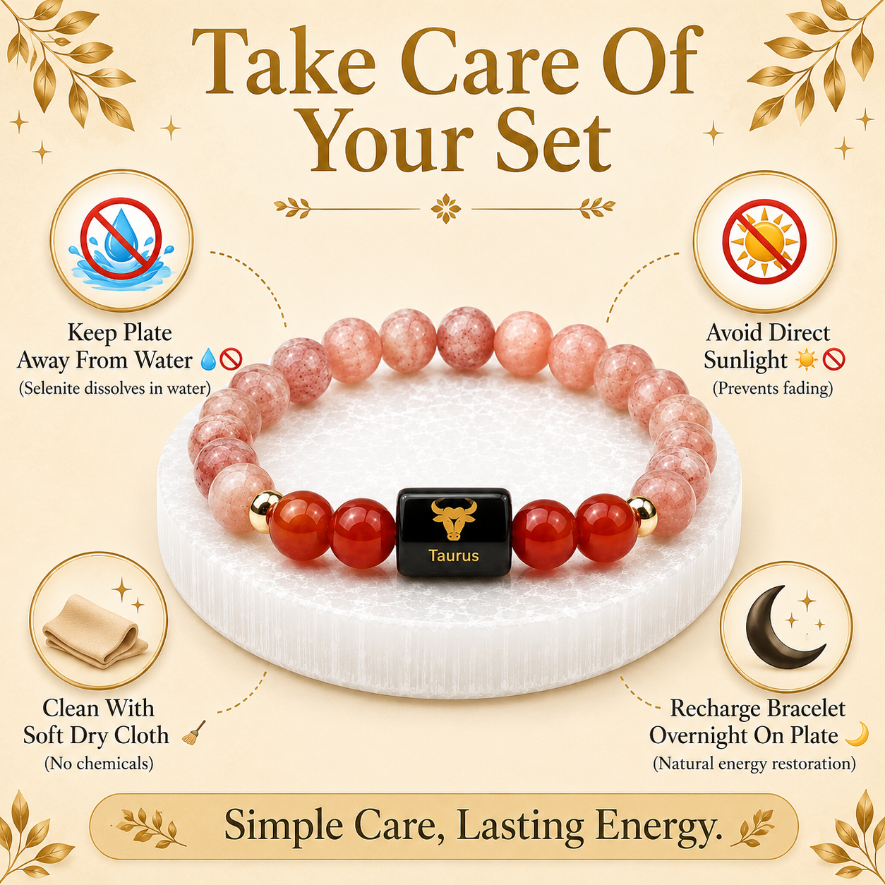 Taurus (वृषभ राशि) Sun Stone & Carnelian Crystal Zodiac Bracelet – For Warmth, Willpower & Grounded Confidence