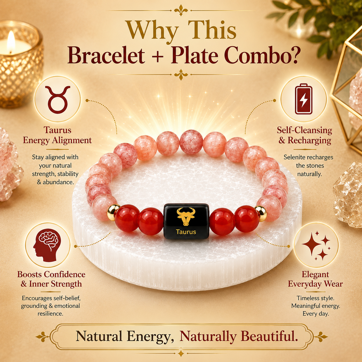 Taurus (वृषभ राशि) Sun Stone & Carnelian Crystal Zodiac Bracelet – For Warmth, Willpower & Grounded Confidence