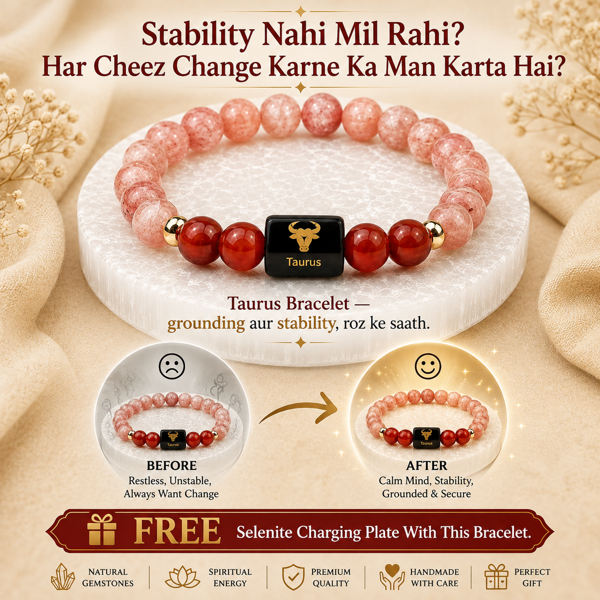 Taurus (वृषभ राशि) Sun Stone & Carnelian Crystal Zodiac Bracelet – For Warmth, Willpower & Grounded Confidence