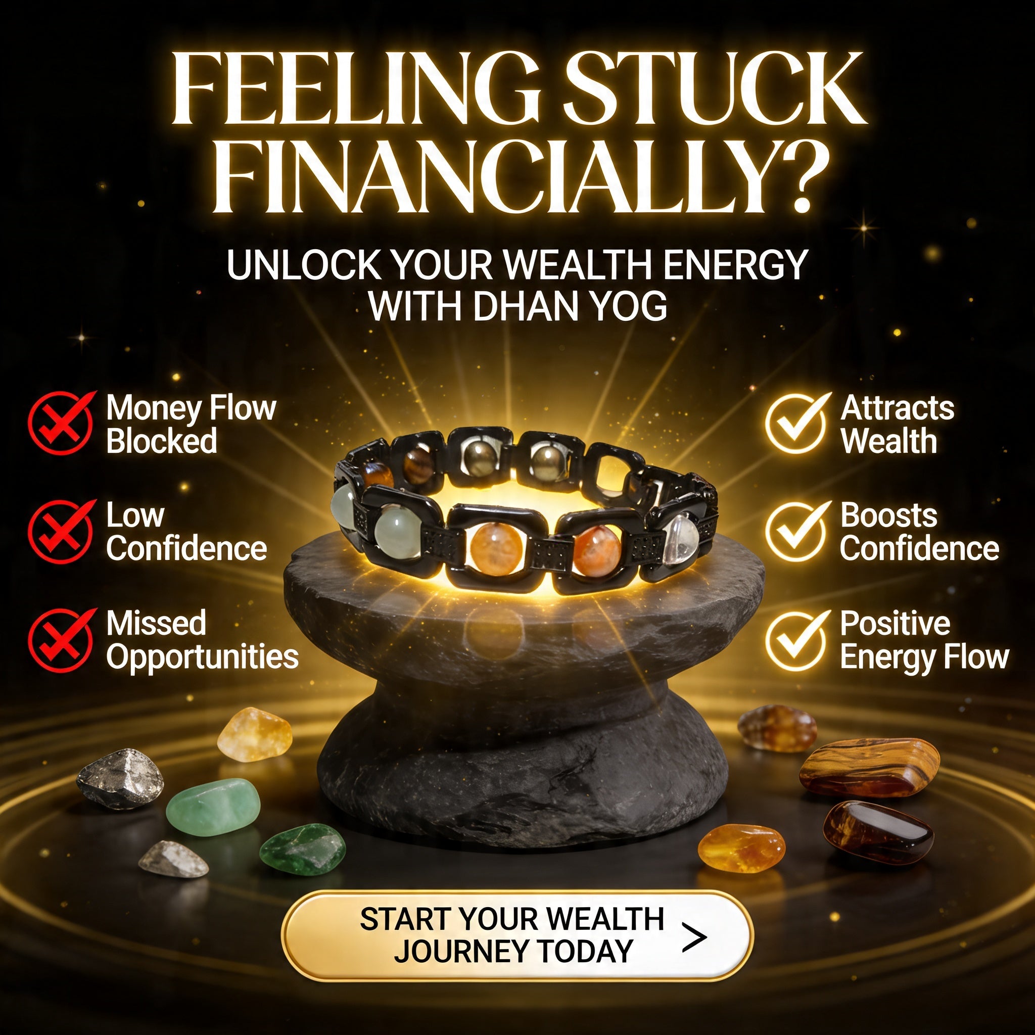 Gold Plated Dhan Yog Bracelet | Original Citrine, Pyrite, Tiger Eye & Aventurine Crystal
