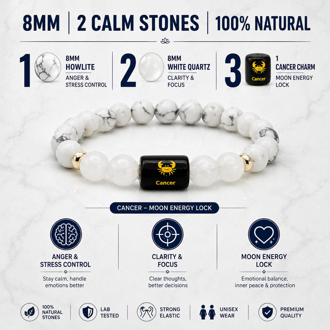 CANCER (कर्क) – Howlite & White Quartz Bracelet