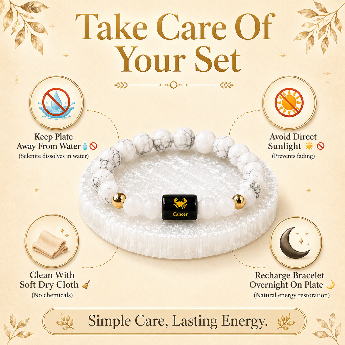 Cancer (कर्क राशि) Howlite & Milky Quartz Crystal Zoodiac Bracelet – For Emotional Calm, Nurturing Energy & Inner Peace