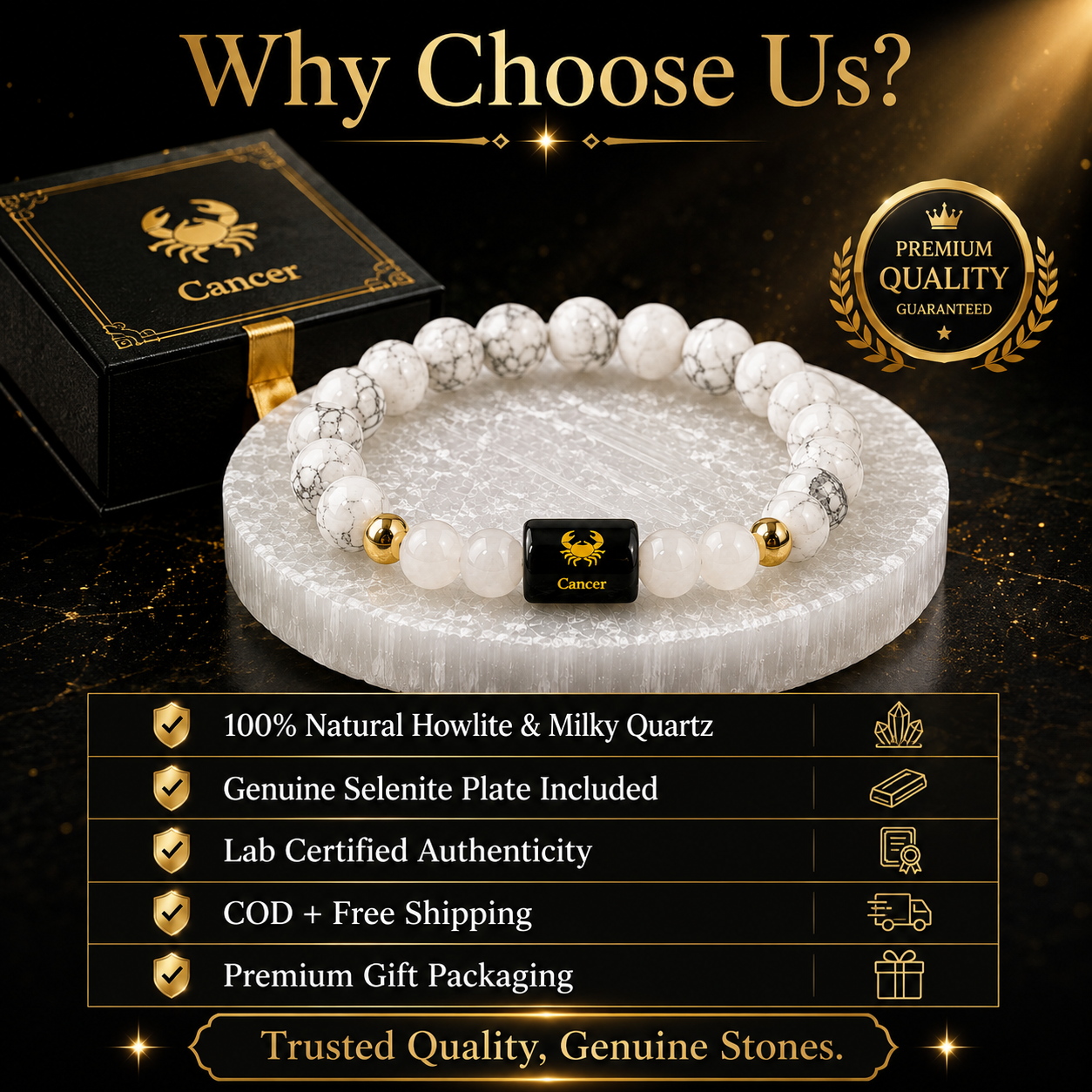 Cancer (कर्क राशि) Howlite & Milky Quartz Crystal Zoodiac Bracelet – For Emotional Calm, Nurturing Energy & Inner Peace