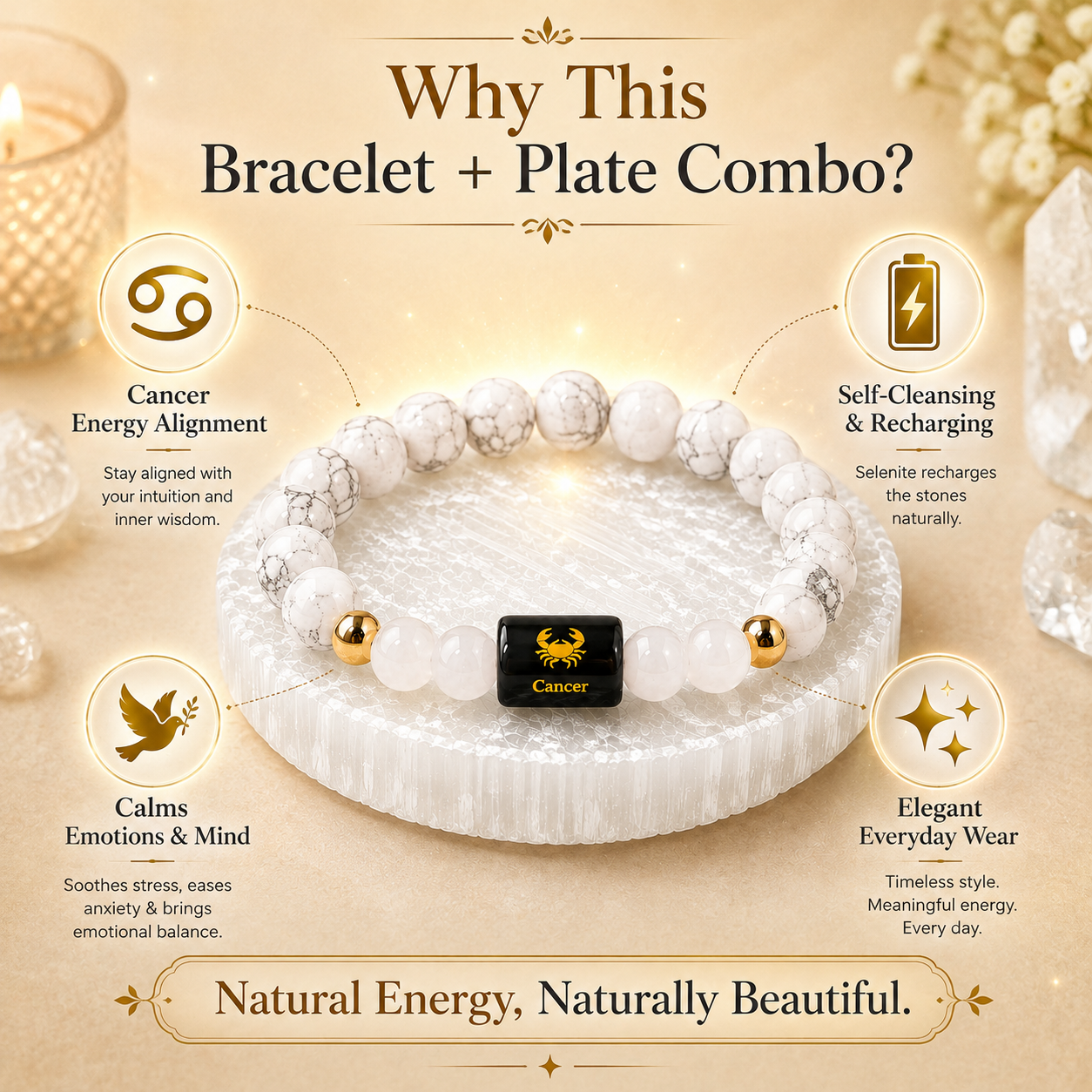 Cancer (कर्क राशि) Howlite & Milky Quartz Crystal Zoodiac Bracelet – For Emotional Calm, Nurturing Energy & Inner Peace