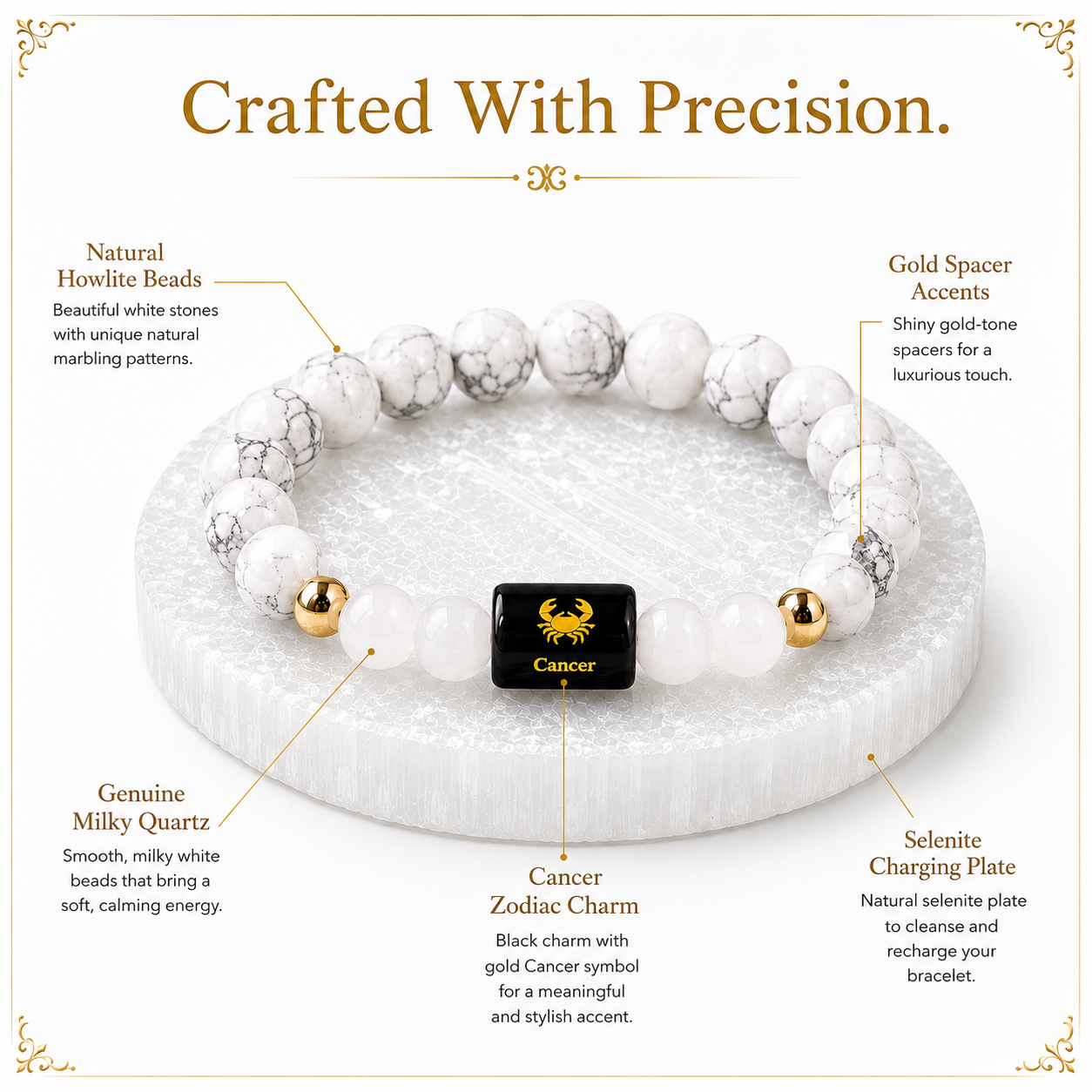 Cancer (कर्क राशि) Howlite & Milky Quartz Crystal Zoodiac Bracelet – For Emotional Calm, Nurturing Energy & Inner Peace