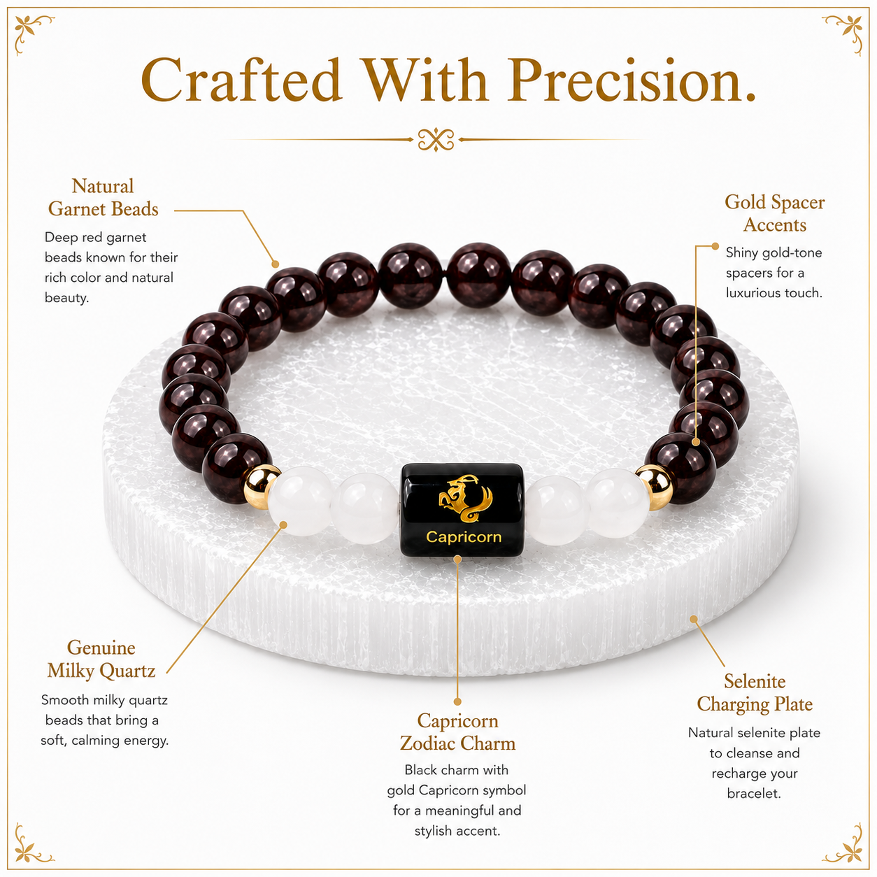 Capricorn (मकर राशि) Garnet & Milky Quartz Crystal Zodiac Bracelet – For Strength, Resilience & Calm Ambition