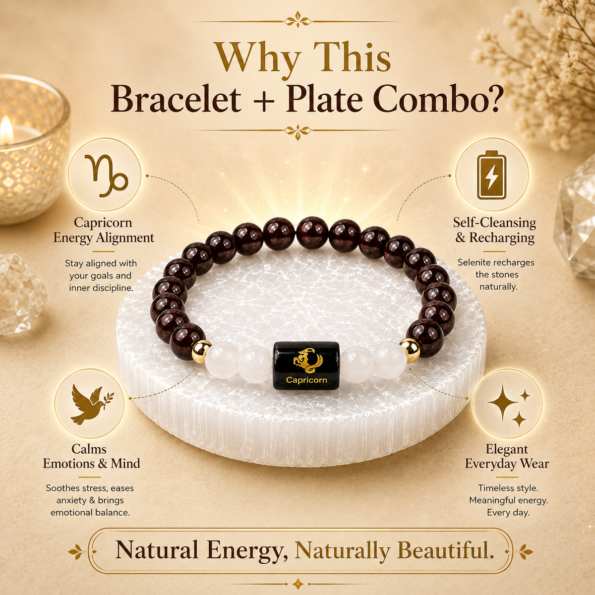 Capricorn (मकर राशि) Garnet & Milky Quartz Crystal Zodiac Bracelet – For Strength, Resilience & Calm Ambition