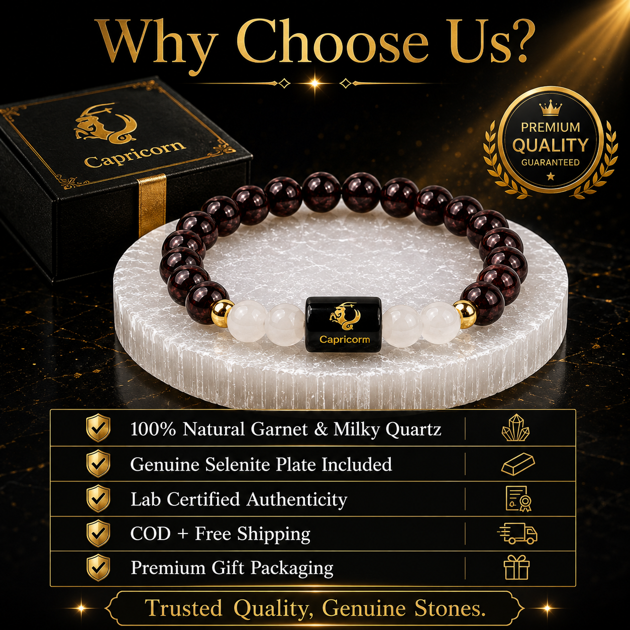 Capricorn (मकर राशि) Garnet & Milky Quartz Crystal Zodiac Bracelet – For Strength, Resilience & Calm Ambition